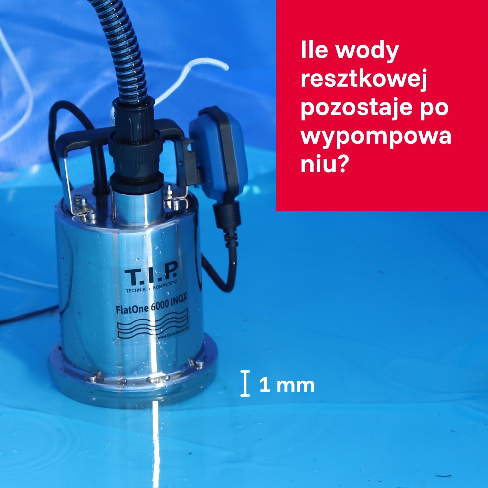 T.I.P. Zanurzeniowa Pompa Drenażowa ze Stali Nierdzewnej – 6000 l/h, Płaskie Zasysanie 1mm, Zawór Zwrotny, 6m, FlatOne6000 IX, 30440