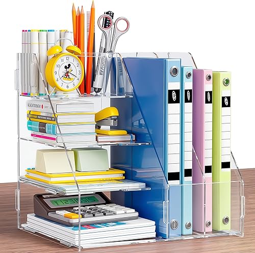 BONIER Organizador de escritorio acrílico, bandeja de papel de 4 niveles y clasificador de correo, estante de revistero de 2 niveles, almacenamiento