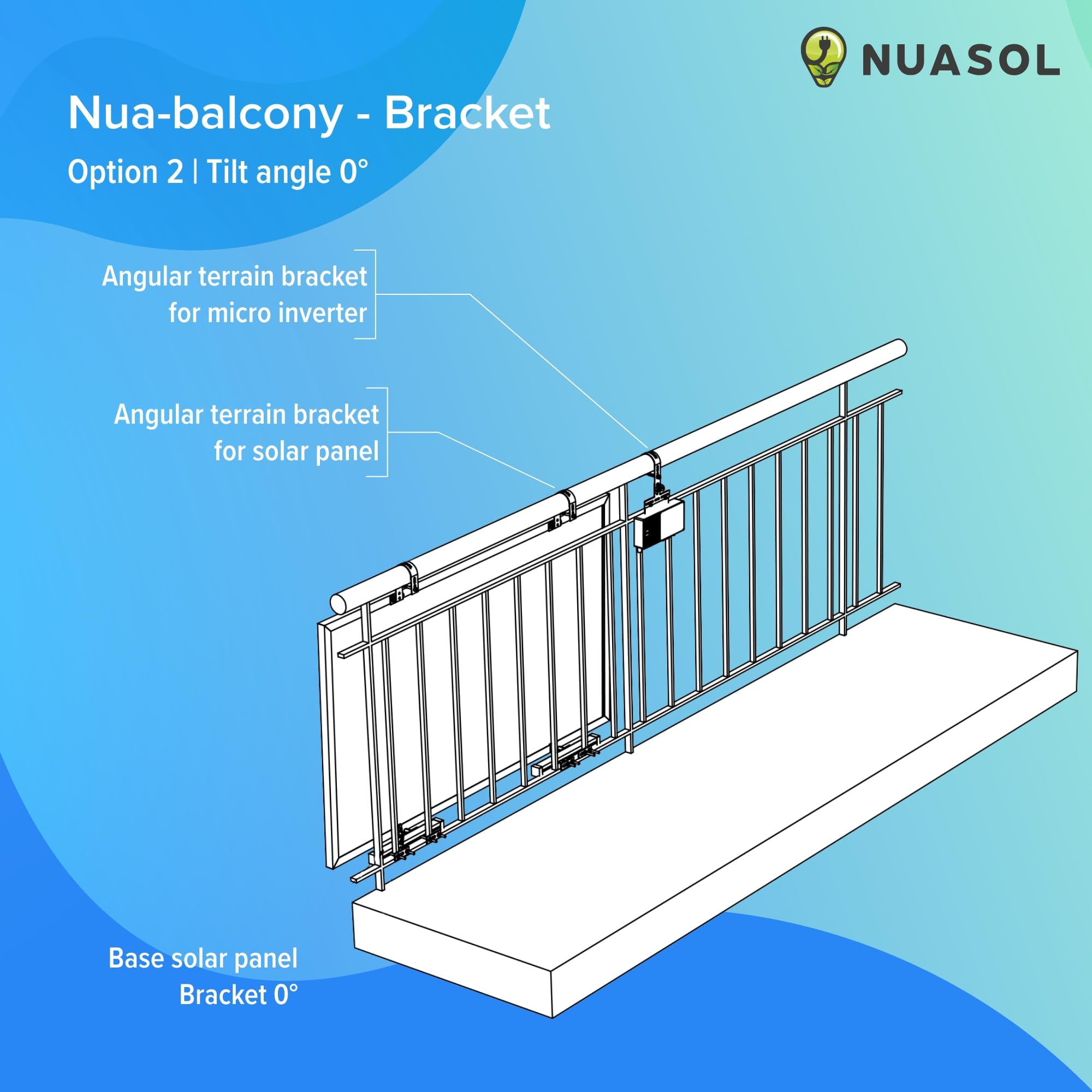 Supporto per centrale elettrica da balcone per ringhiera per 1 pannello solare, un inverter fotovoltaico | rotondo | Set | angolo di inclinazione 0° e 25-45° | diametro ringhiera fino a 80