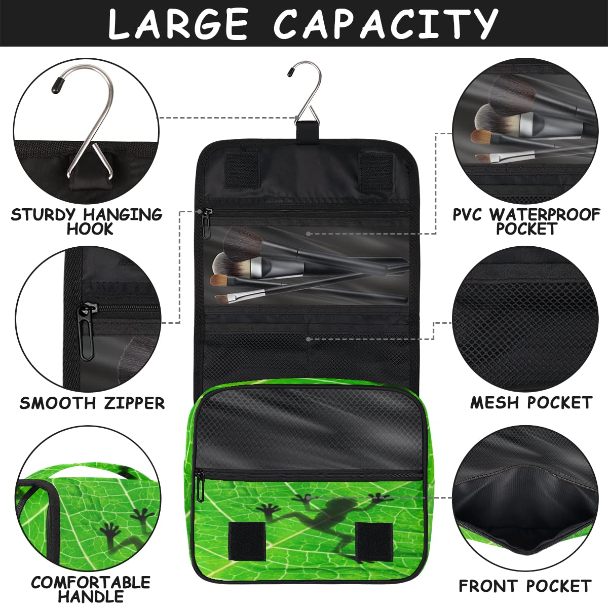 Żaba Cień Podróżna Kosmetyczka Żaba Liście Mycie Torba Unisex Wiszące przybory toaletowe Kosmetyczka Organizer do makijażu, wielobarwny, Jeden rozmiar