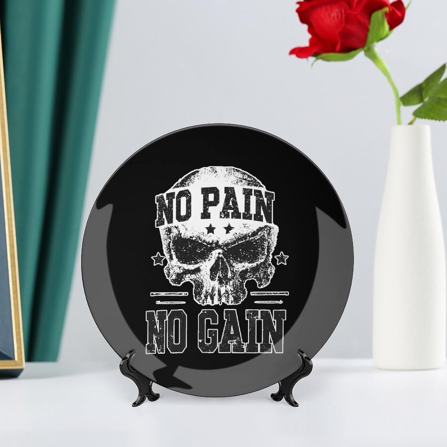 Grunge No Pain No Gain Camouflage Decorative Plates for Display Ceramic Plate Tray with Stand Hanger Home Decor
