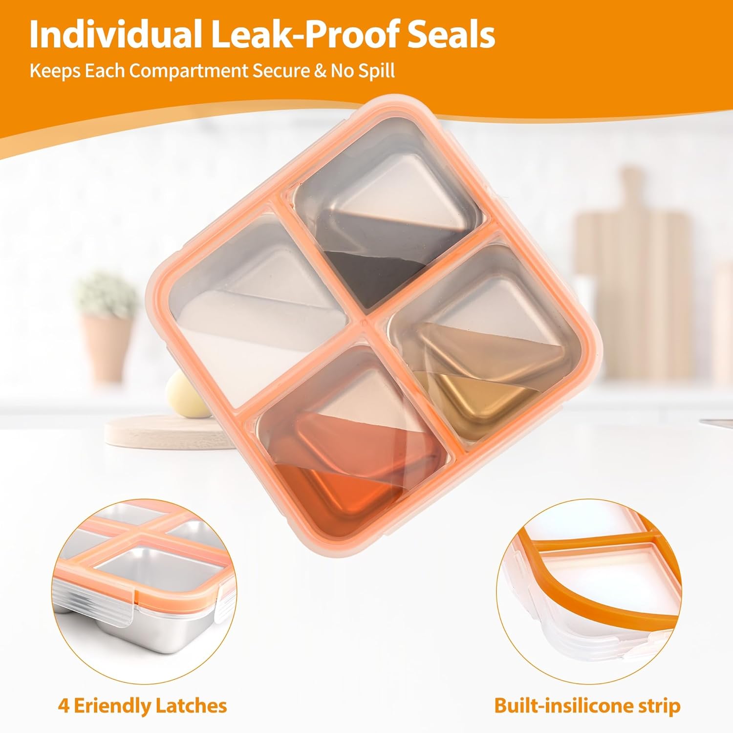 2 Pack Stainless Steel Snack Containers, Divided Bento Snack Boxes with Lids, Leakproof 4 Compartment Reusable Food Storage Containers, Dishwasher Safe for Office, Travel & Meal Prep (2pack-b)