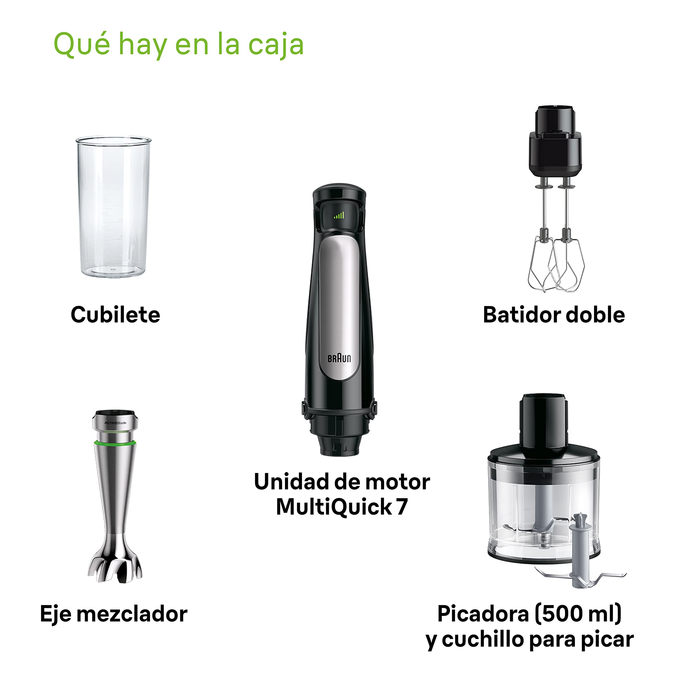 Braun Minipimer 7 - Batidora de Mano con Tecnología SplashControl, Sistema ActiveBlade para Alimentos Duros, Selección de Velocidad, Picadora 500mL, Doble Batidor, Vaso 600mL, 1000W, Negro, MQ7035XBI