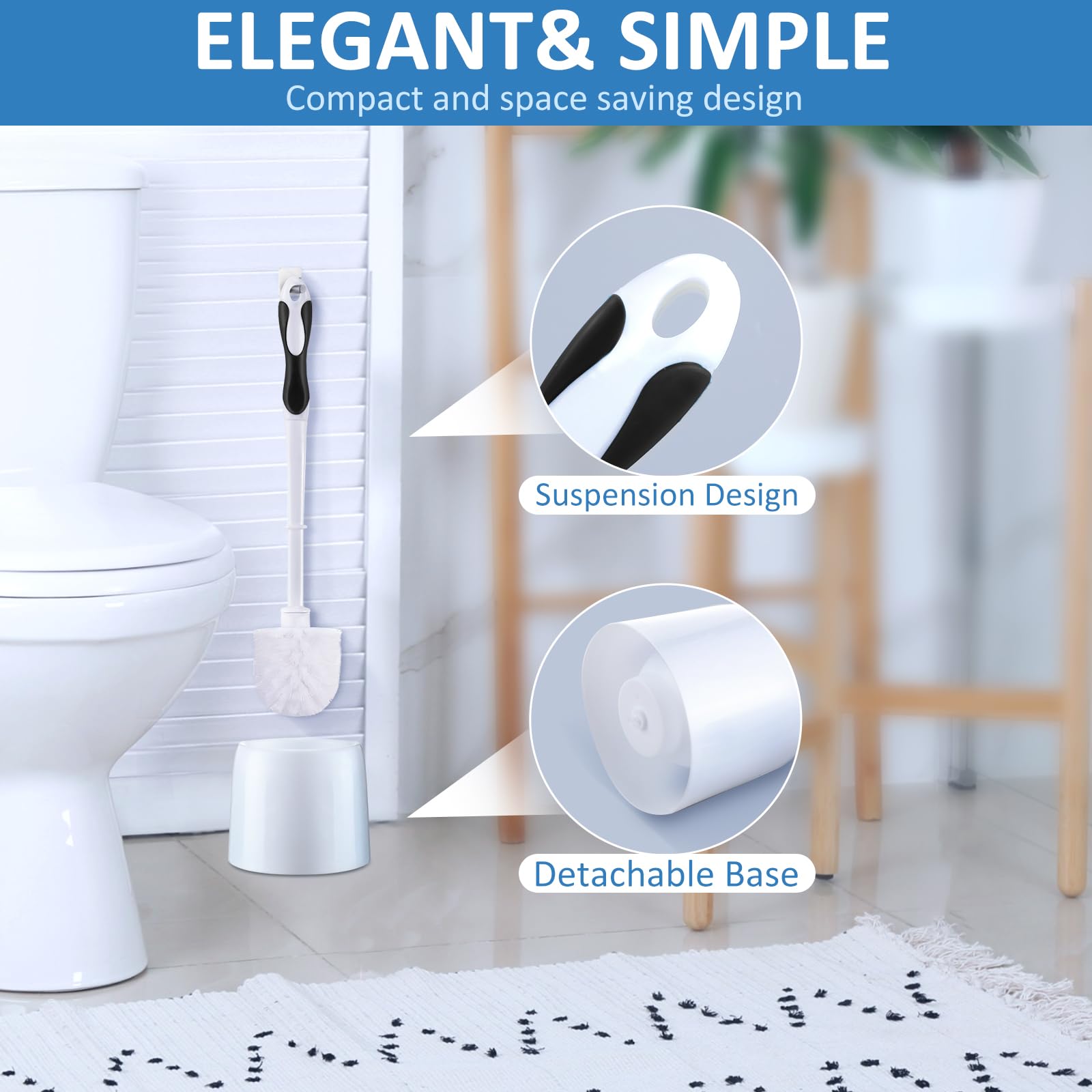 Tioncy Paquete de 6 cepillos de inodoro de 14.96 pulgadas con soporte, cepillo de inodoro y cesta, juego de cepillo de inodoro de cerdas rígidas para suministros de limpieza de baño (negro, blanco)