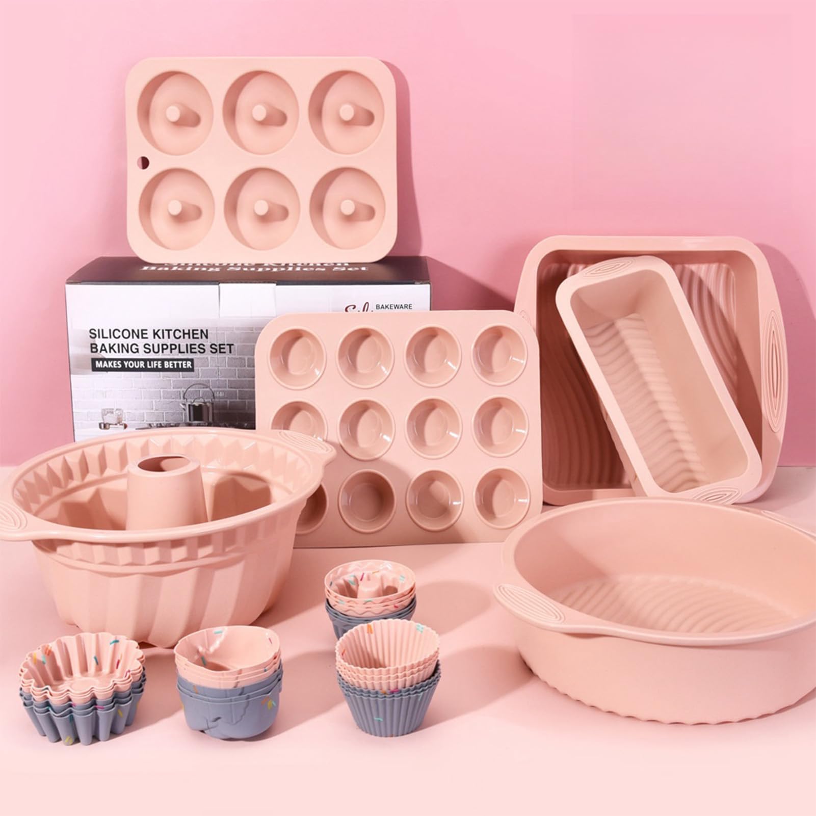 Set di 30 teglie da forno per forno, set di stampi da forno in silicone, antiaderenti, teglia per muffin (rosa)