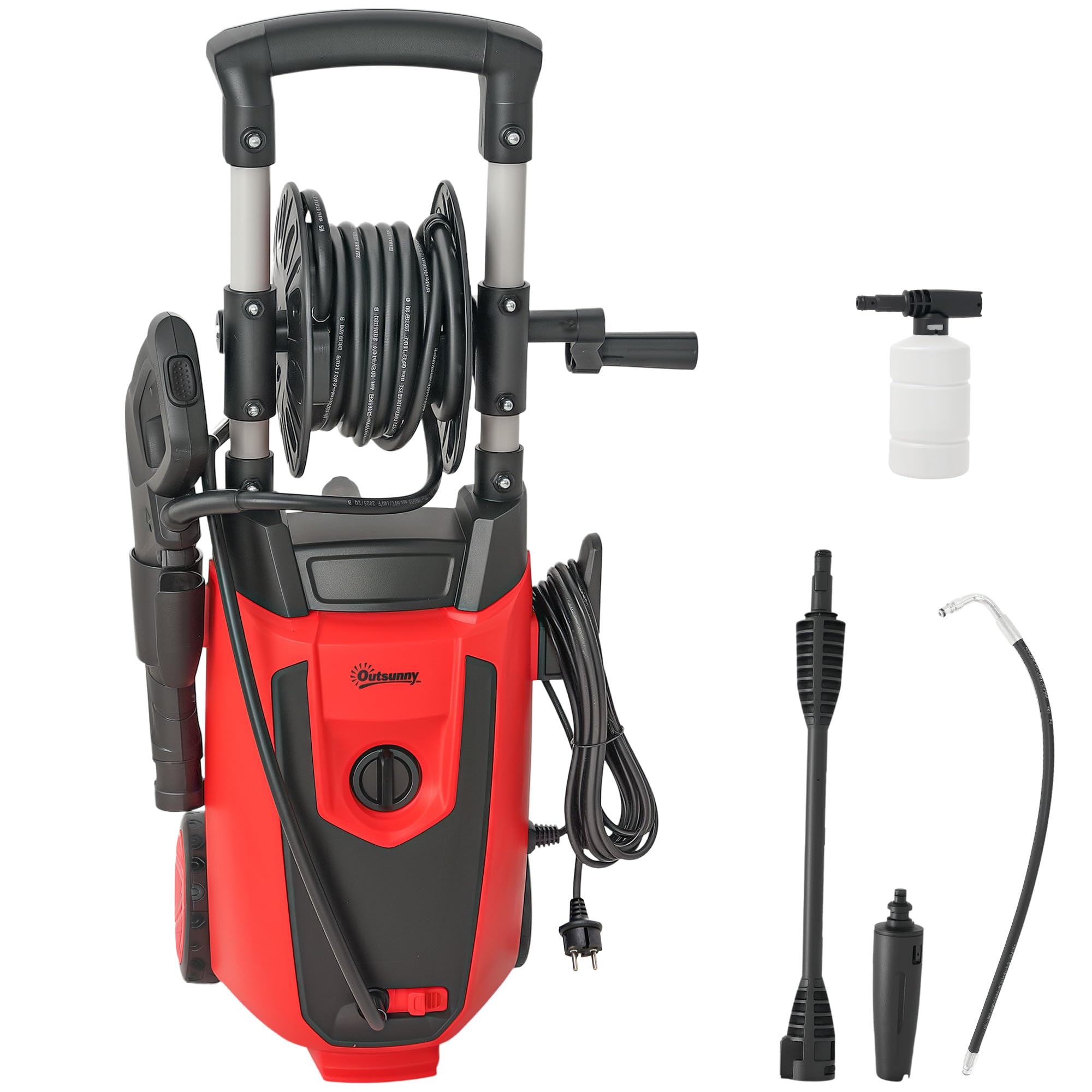 Outsunny Hidrolimpiadora de Alta Presión 1800W, Presión 150 Bar, Caudal 420 L/h, con Bomba de Aluminio, Parada Automática, Manguera de 6 m, Incluye Botella de Espuma y Boquilla Ajustable, Rojo y Negro