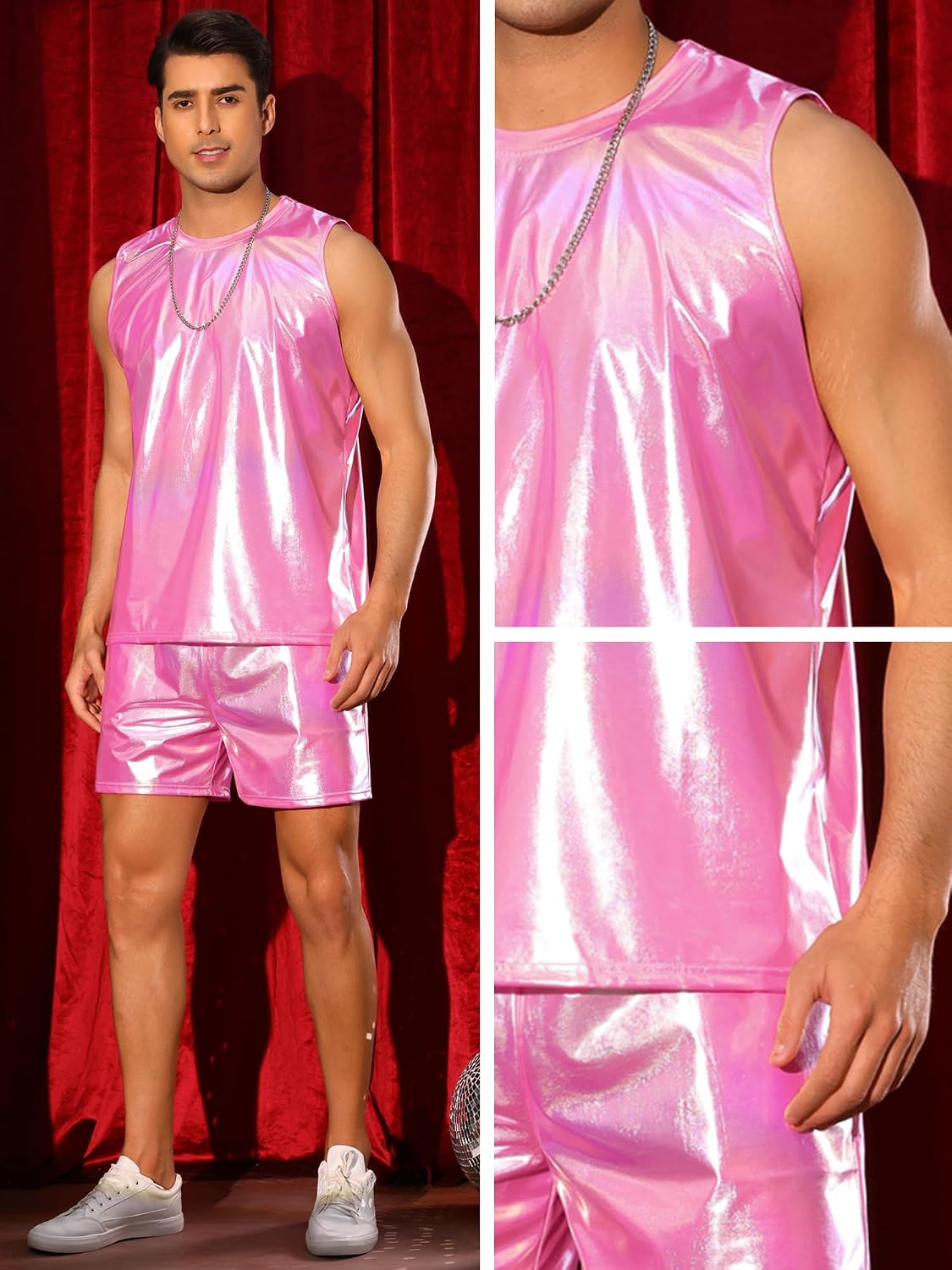 Lars Amadeus Holographic Tank Top and Shorts Set for Men's Party Disco Metallic 2 Pieces Outfits