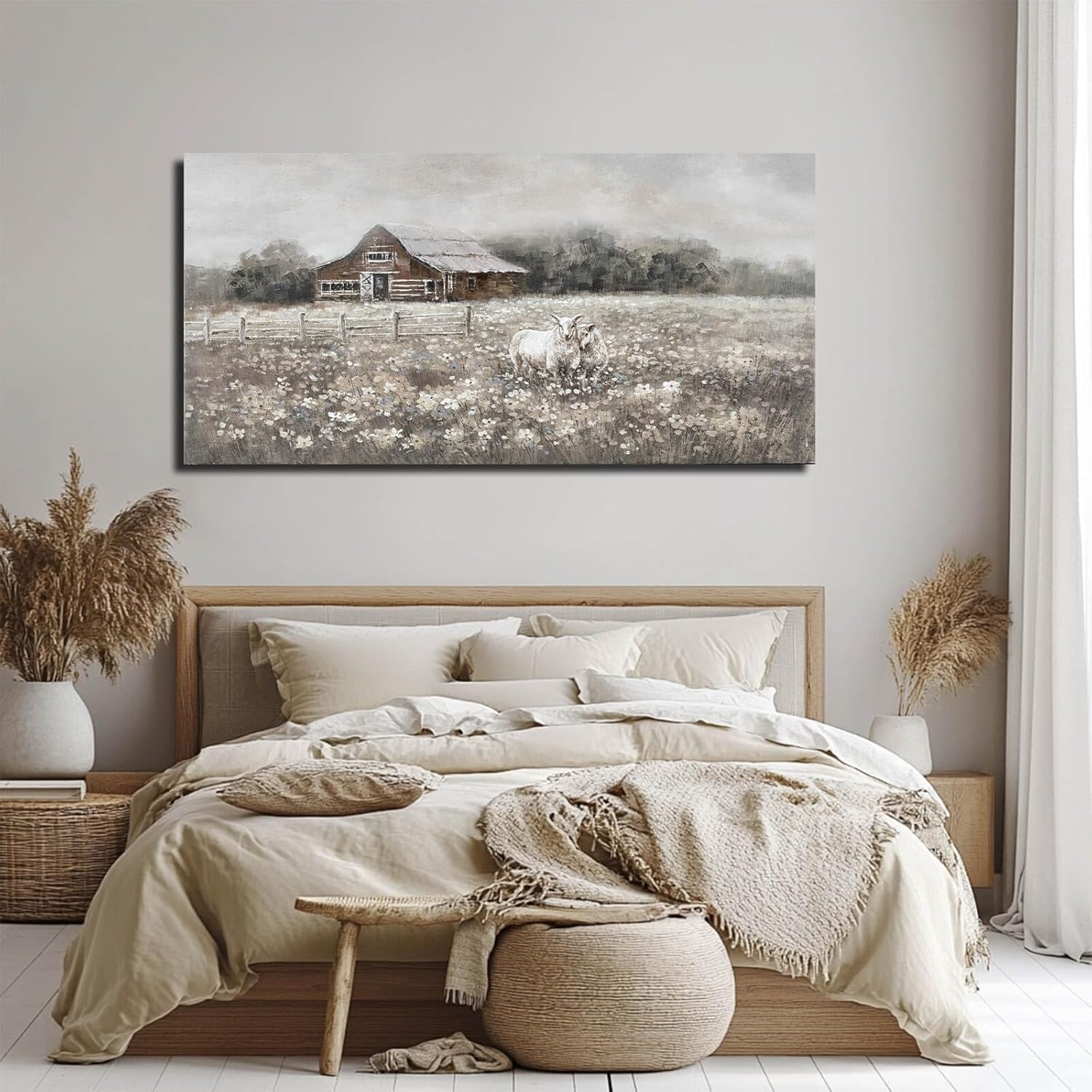 ZHENGYIN Large Country Barn Canvas Wall Art, Sheep Meadow Landscape Artwork, Rustic Farmhouse Wall Decor for Living Room Dining Room, Above Sofa, 24x48 Inch - Image 5