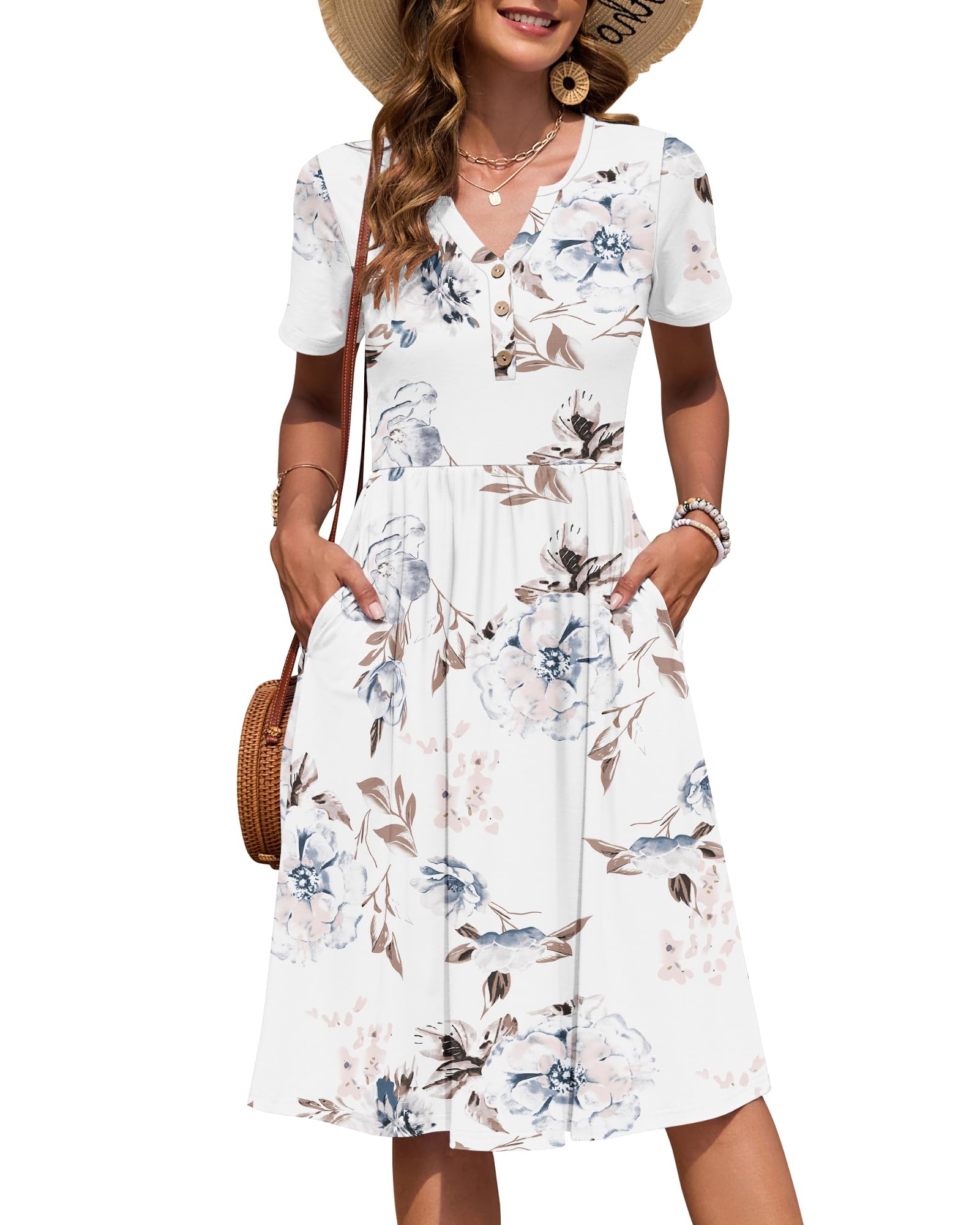 AUSELILY Zomerjurk met korte mouwen voor dames, midi-empire, ongedwongen, V- hals, geplooide jurk met zakken, Rood, XXL