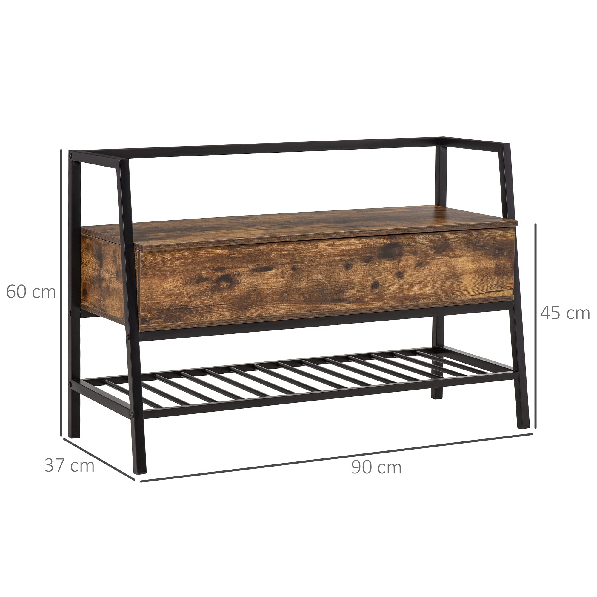 HOMCOM Mobile Scarpiera in Stile Industriale con Vano, Panca Scarpiera Vintage Salvaspazio in Legno e Metallo, Marrone Rustico, 90x37x60cm