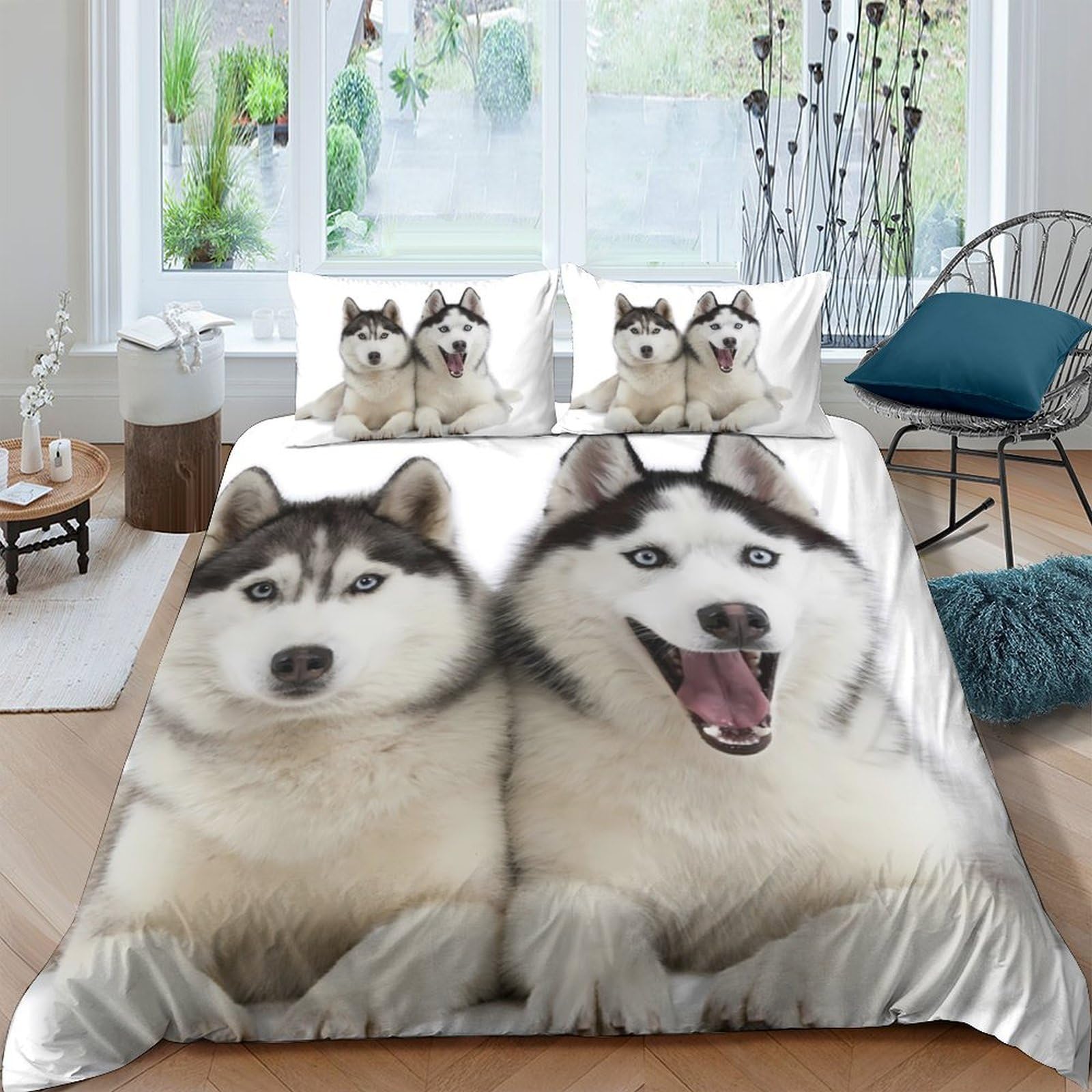 TUFRTGYHN 3D Printed Husky Dog Duvet Cover Microfiber Soft Breathable Pet Animal Bedding Set with 2 Pillowcases for Bedroom Decor Single（135x200cm）