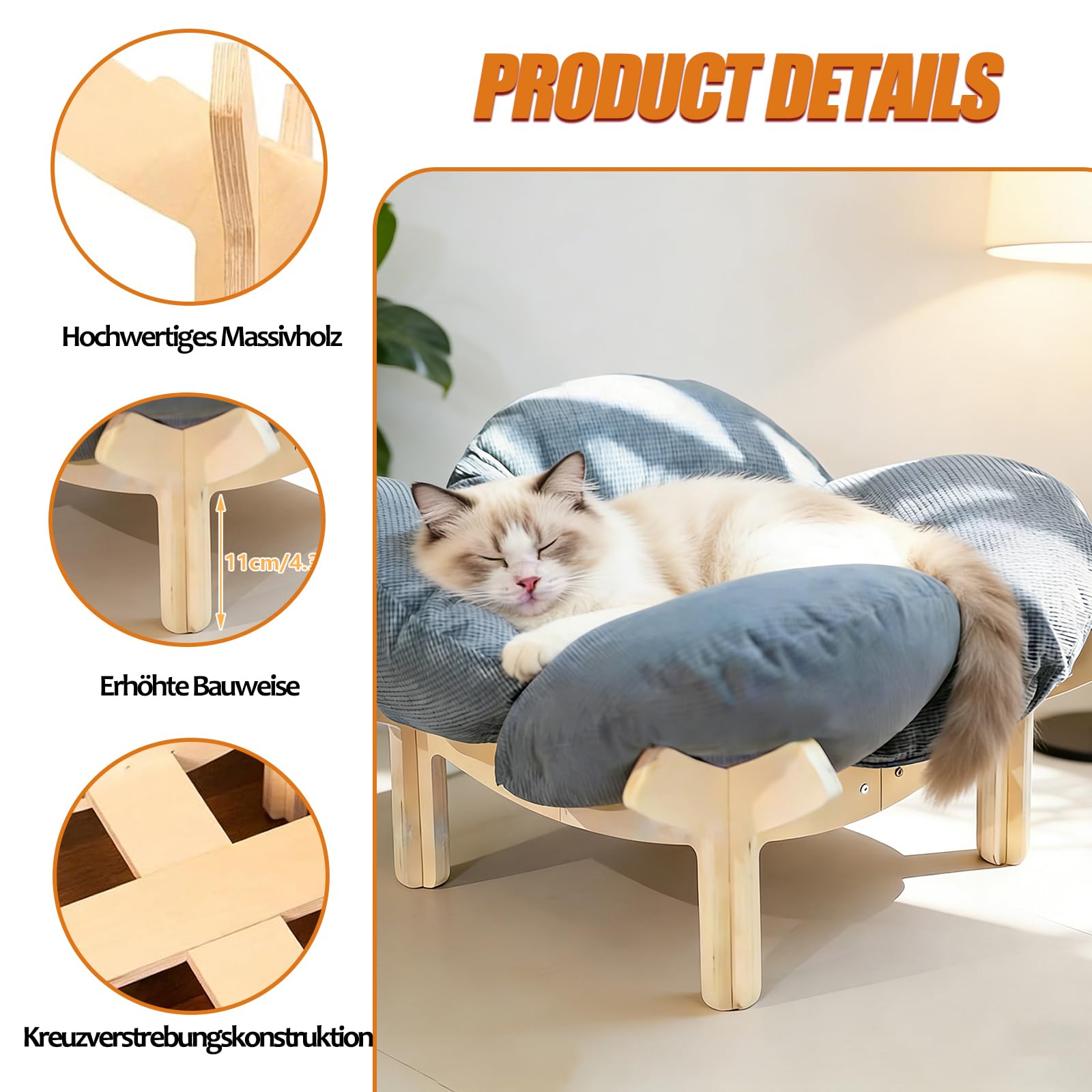 Erhöhtes Katzenbett aus Holz, Flauschiges Katzensofa in Blumenform, Katzenkissen mit waschbarem & Holzrahmen für kleine Katzen, Hunde, Katzenmöbel, 55L x 55W x 32H cm