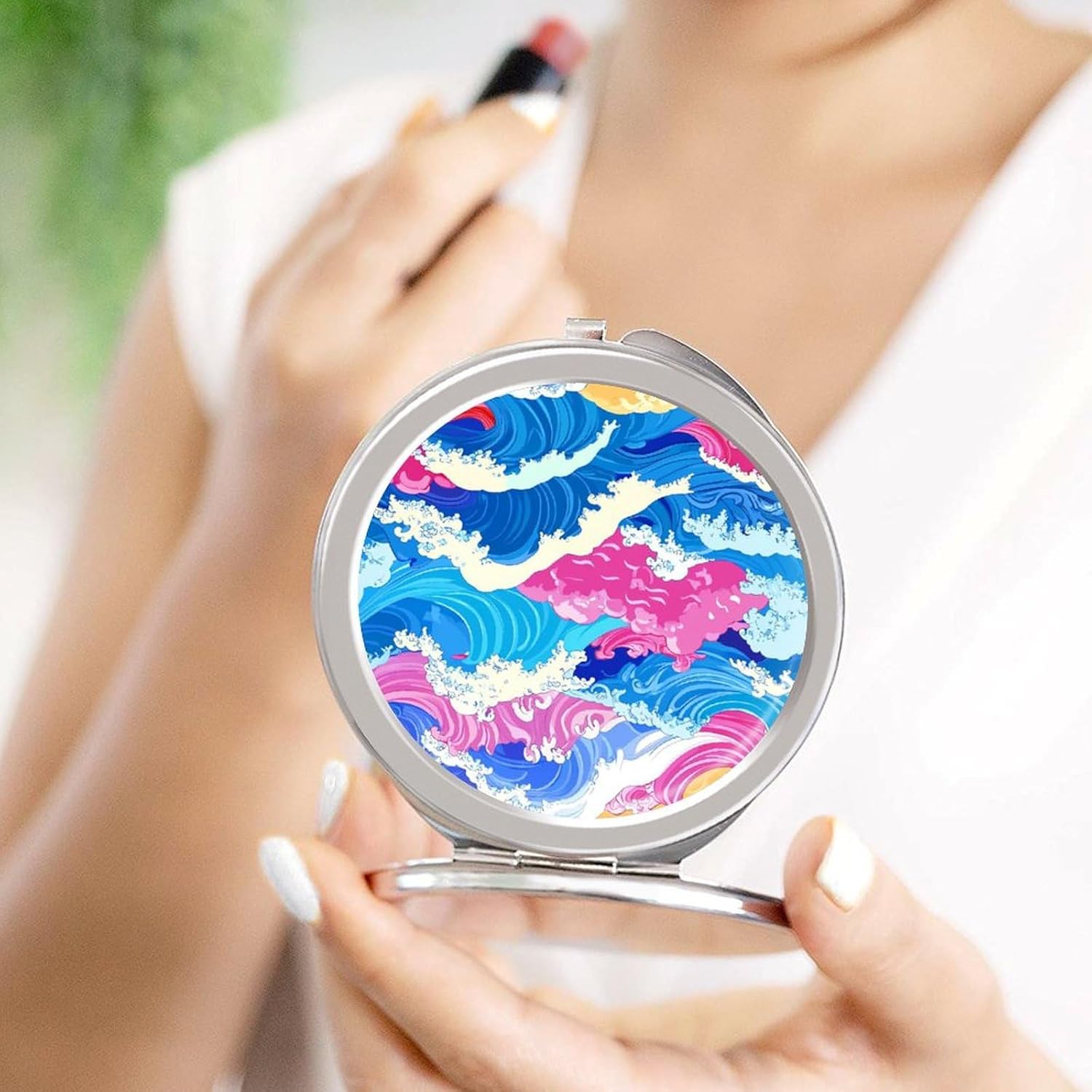 Wave Japanese Compact Makeup Mirror Mini Foldable Cosmetic Mirror Portable Travel Mirror for Purse Pocket