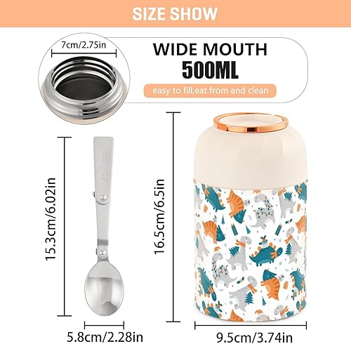 Miniatura 3 de MCHIVER Merry Christmas Cute Dinosaur Food Jar with Spoon Stainless Steel Vacuum Insulated Food Container 17 oz Thermos for Adults