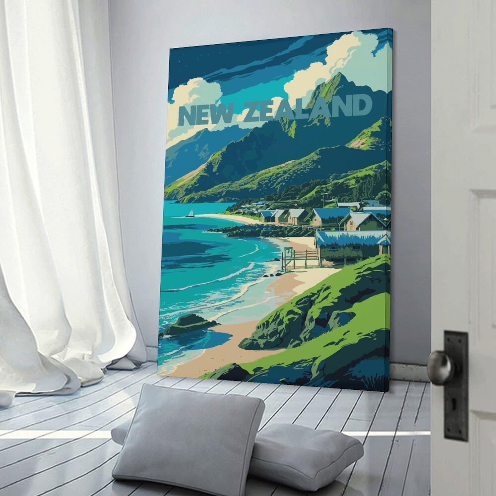 Junmoney New Zealand Coastal Village Illustration Hanging Wall Art, 20x30inch(50x75cm), for Living Room, Bedroom, Office Or Hallway, Decorative Artwork with Broad Appeal