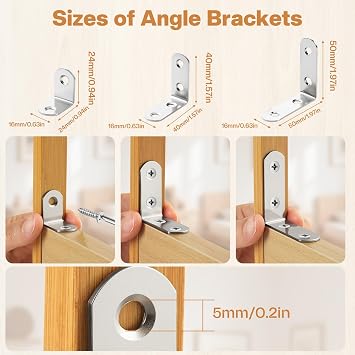 32 Pcs L Brackets for Wood, 3-Size Stainless Steel Angle Bracket Kit