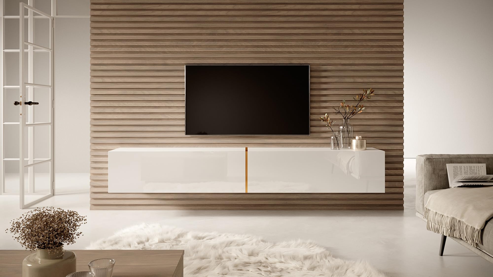 Selsey Meuble TV Armoire De Télévision 200 cm Suspendu Salle De Séjour Chambre À Coucher Blanc avec Insert Doré Bisira