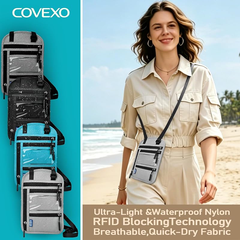 Covexo Travel Neck Wallet Passport Holder-RFID Blocking – Multiple slots for credit cards