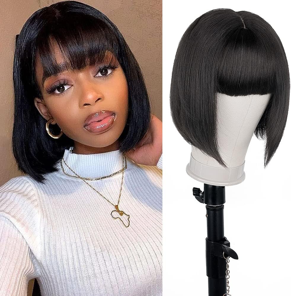 Straight Short Bob Wigs with Bangs Human Hair Wigs for Black Women Wear and Go Glueless Wig Middle Part 150% Density Natural Color 10 Inch