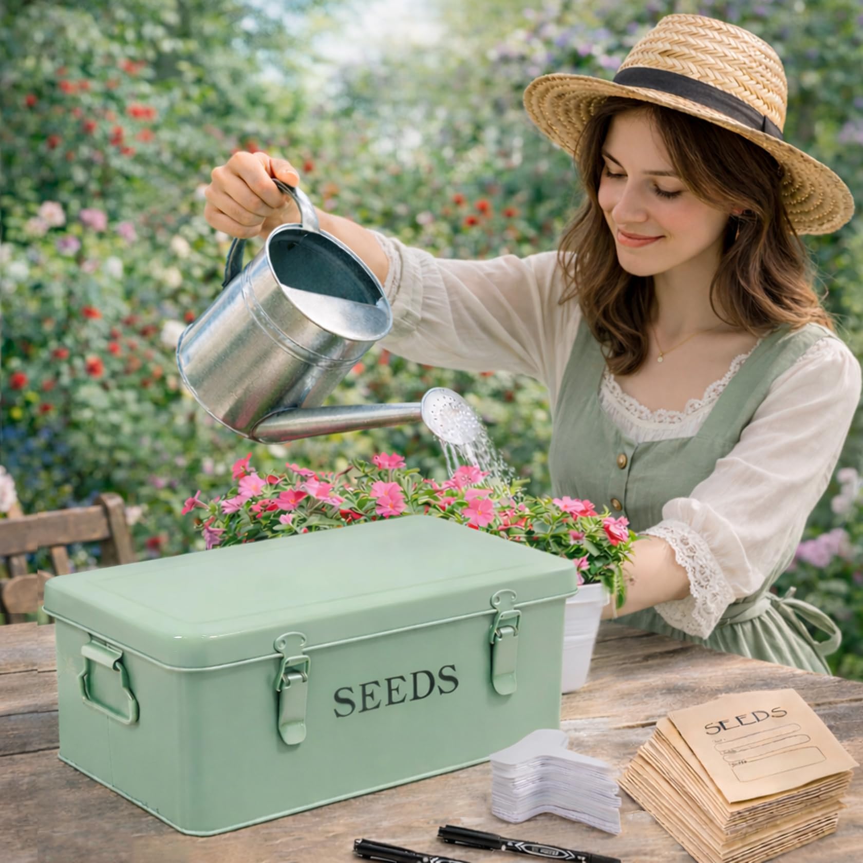 Boîte Graines Métal Verte 33 x 18 x 13 cm avec Étiquettes pour Jardin Box