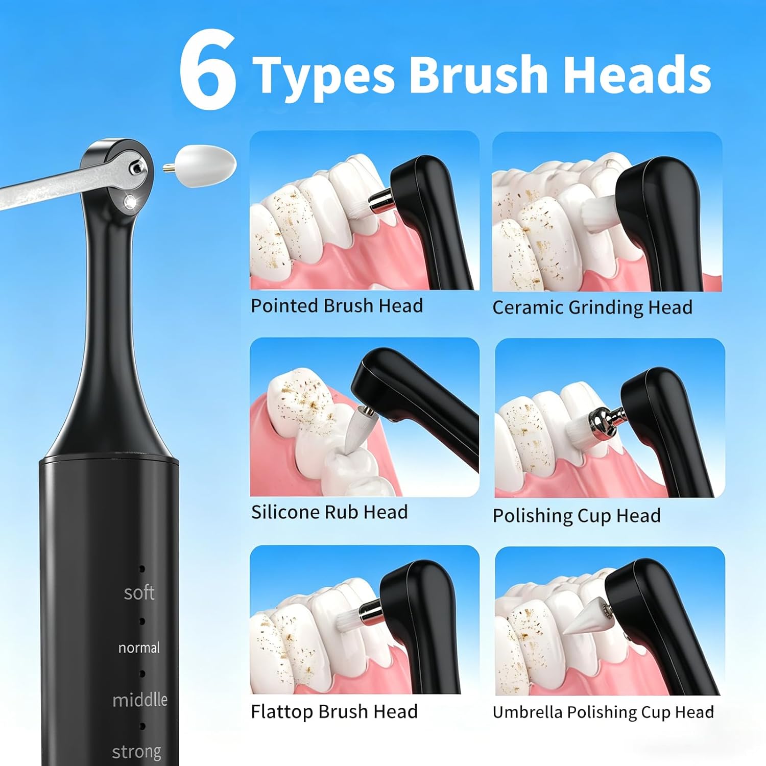 Tooth Polisher, Electric Teeth Polishing Kit for Teeth Cleaning & Whitening, 5 Speeds with LED Light, Rechargeable Dental Polisher with 6 Heads, Waterproof Portable Oral Care Kit for Home & Travel Use
