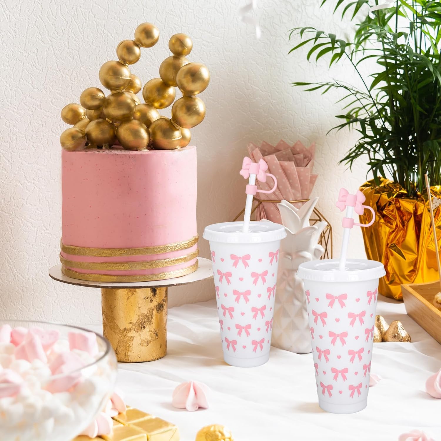JarThenaAMCS 16Pcs 24oz Pink Bow Plastic Tumbler with Lid Straw and Straw Covers Reusable Coquette Bow Party Drinking Cups for Wedding Baby Shower Birthday Party Favors - Image 7