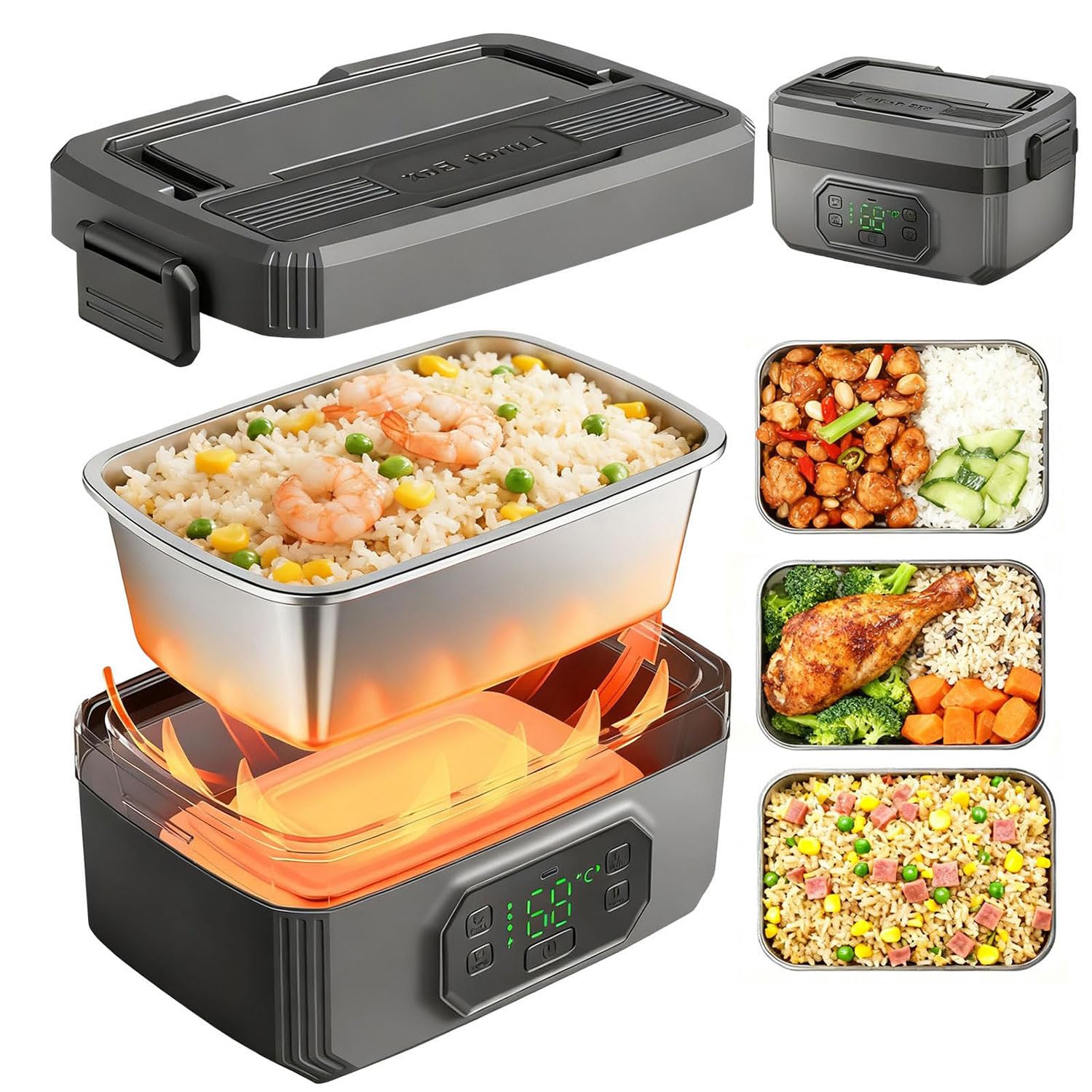 Boîte à déjeuner chauffante sans fil électrique 1600 ml rechargeable avec minuterie