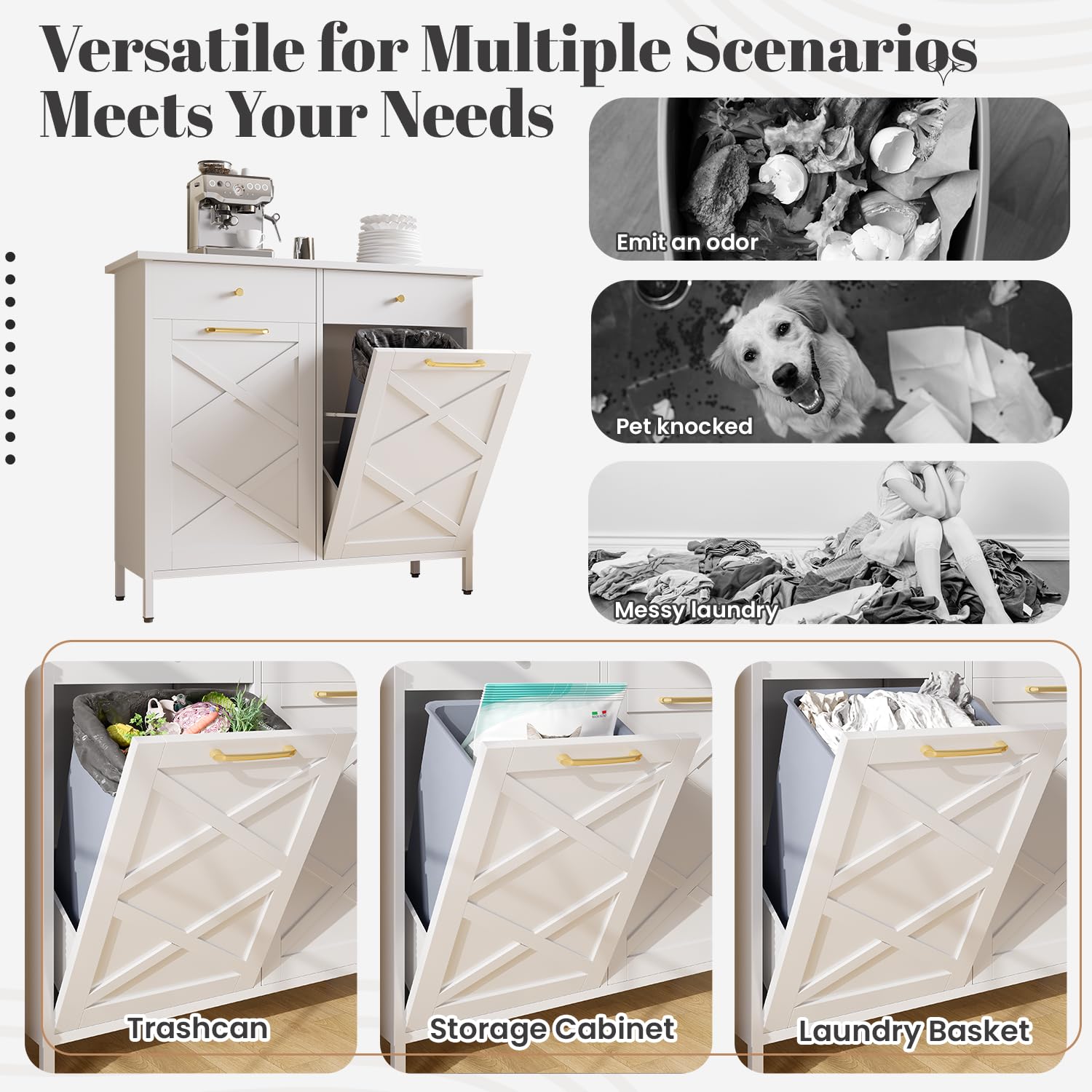Double Tilt Out Trash Can Cabinet, 20 Gallon Garbage Cabinet with 2 Drawers, Hidden Trashcan Garbage Recycling Cabinet, Dog Proof Trash Can for Kitchen and Living Room, White