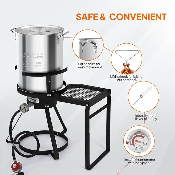 ROVSUN 30QT Turkey Fryer & 10QT Fish Fryer Kit, 55000BTU Propane Stove with Shelf, Aluminum Outdoor Deep Fryer & Seafood Boiler Steamer w/Baskets, Thermometer, Marinade Injector, Turkey Rack & Lifter