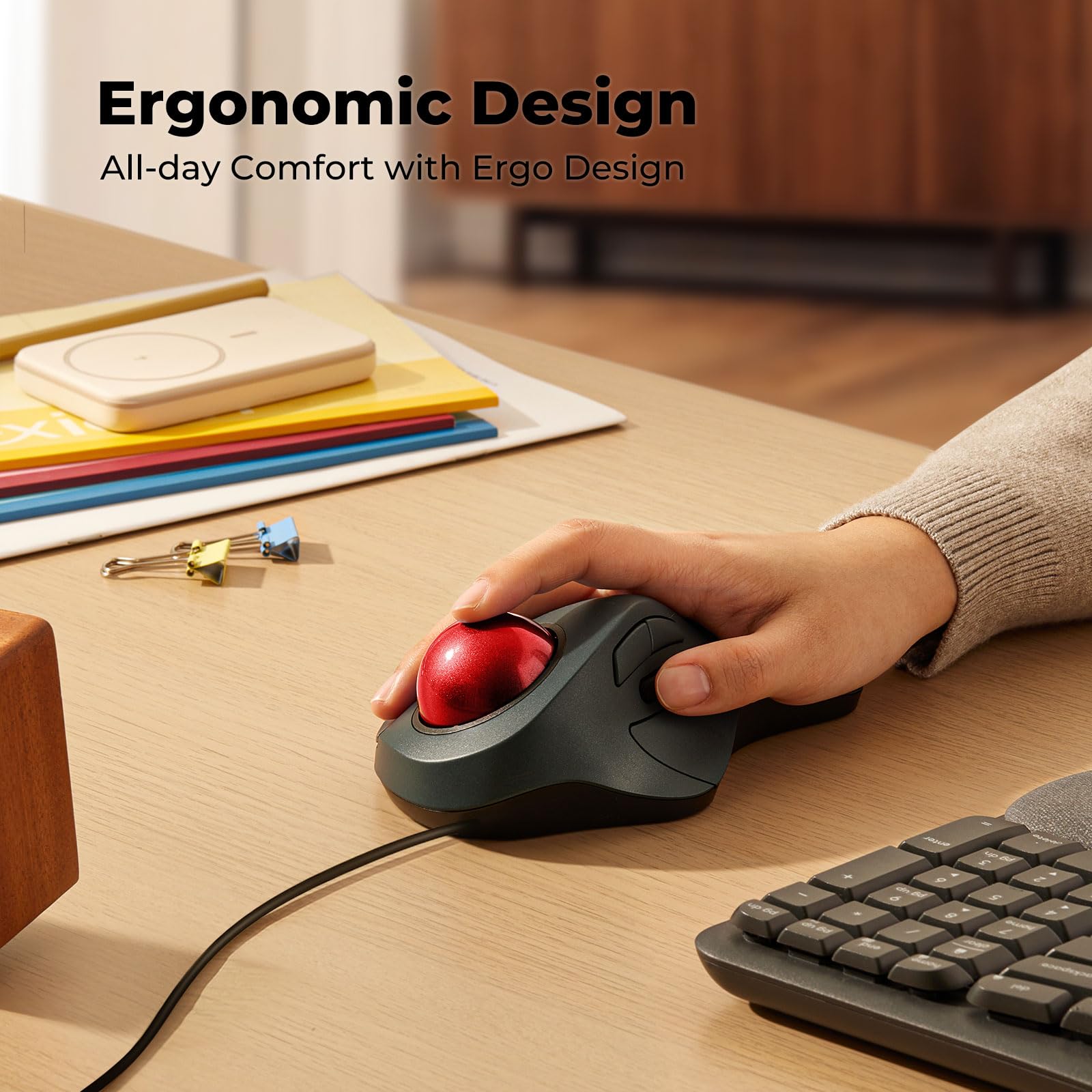 Souris filaire Trackball pour grandes mains, design ergonomique réduit la fatigue du poignet et des muscles, suivi de précision avec contrôle facile de l'index, compatible avec PC, ordinateur