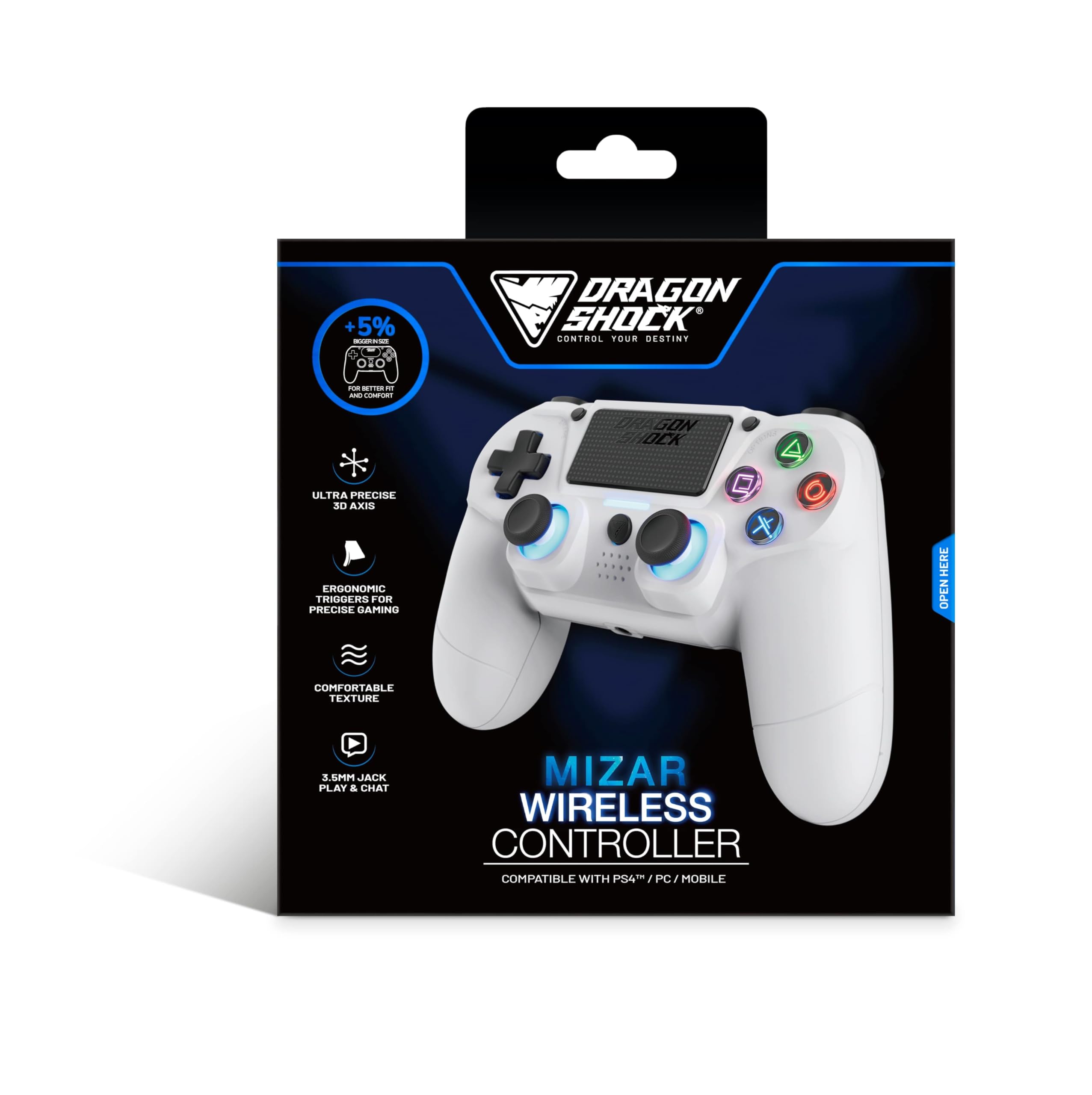 DragonShock Mizar Manette Sans Fil pour PS4 – Contrôleur Bluetooth Compatible PC & PS3 – Double Vibration, Batterie Rechargeable – Blanc