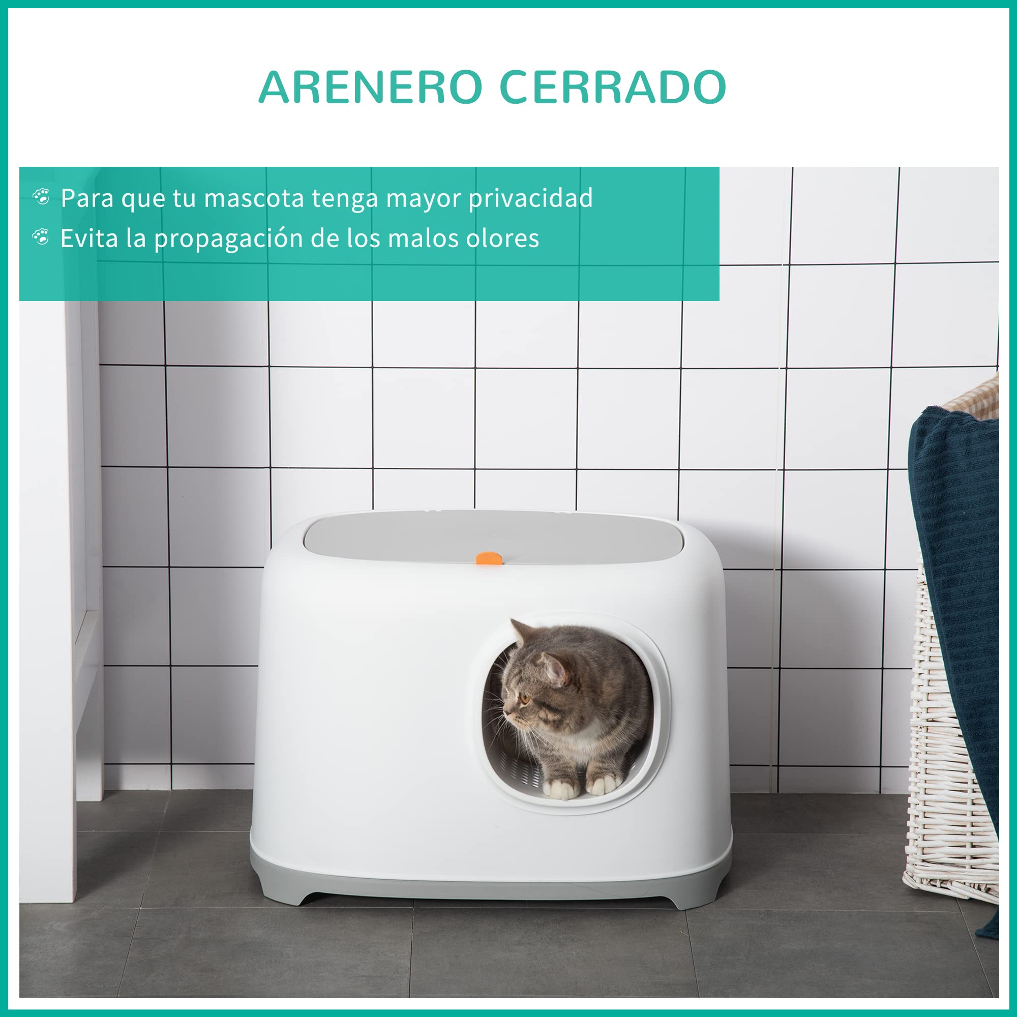 PawHut Caja de Arena para Gatos Arenero Cerrado para Gatos con Techo Abatible Orificio de Entrada Bandeja Extraíble y Pala Incluida 55x40x39 cm Blanco