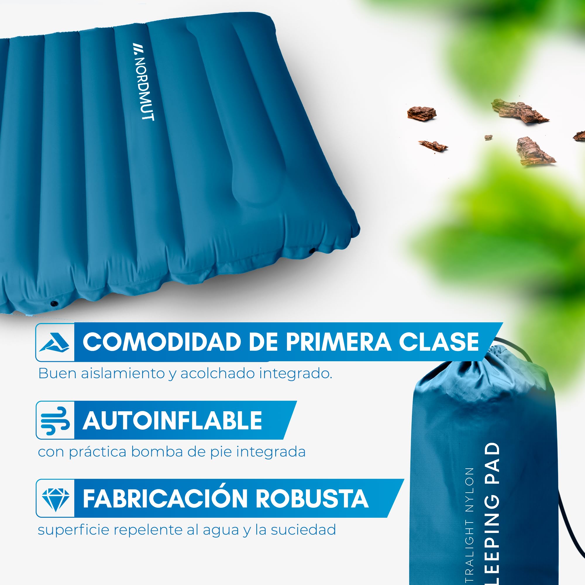 NORDMUT® Colchoneta Camping Autoinflable con Bomba de Pie Integrada 10cm – Colchoneta Compacta – Colchón Outdoor Ultra Cómodo (Azul)
