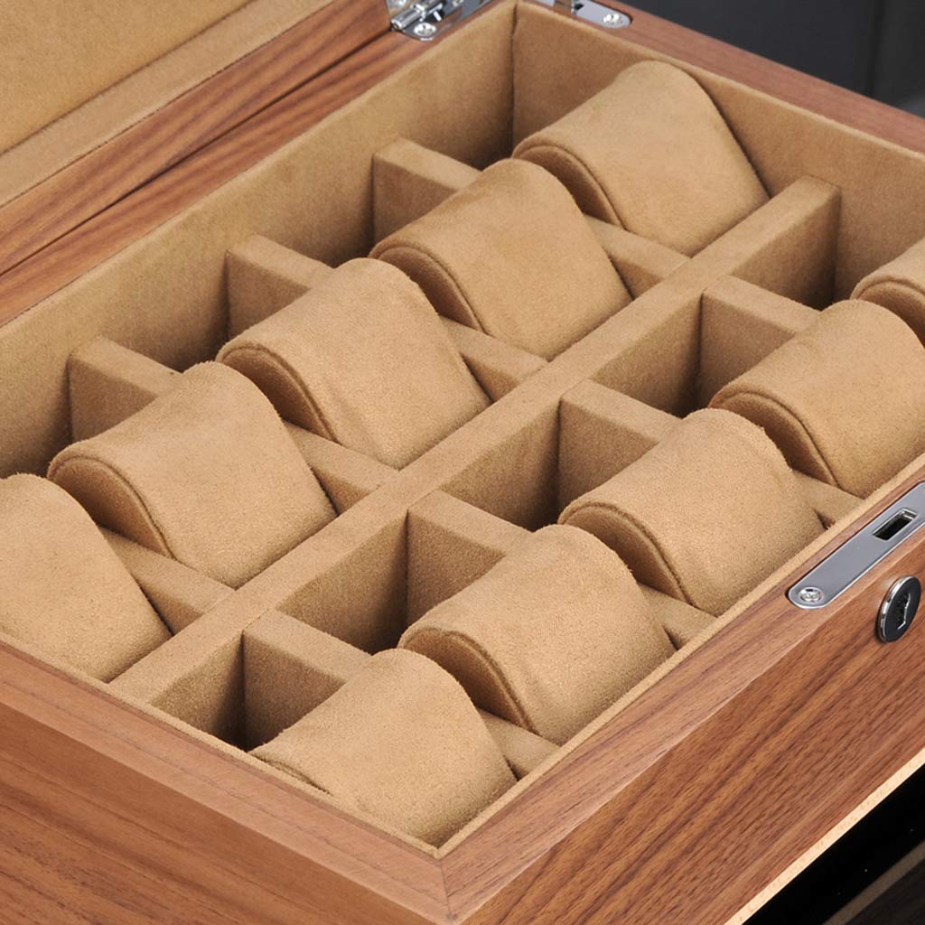 Scatola Porta Orologi a 10 Scomparti con Vassoio Porta Accessori, Interno in Legno con Rivestimento Morbido e 10 Cuscinetti Rimovibili, Chiusura a Scatto in Metallo.