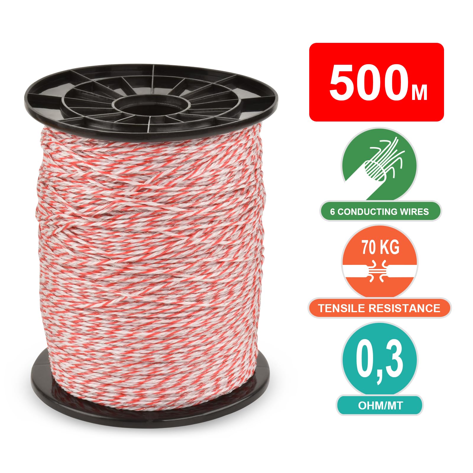 Filo Per Recinto Elettrico 500 metri con 6 fili conduttori,Recinti Elettrici Recinzioni Elettrificate sezione Conduttore per Animali Mucche Cavalli maiali Galline