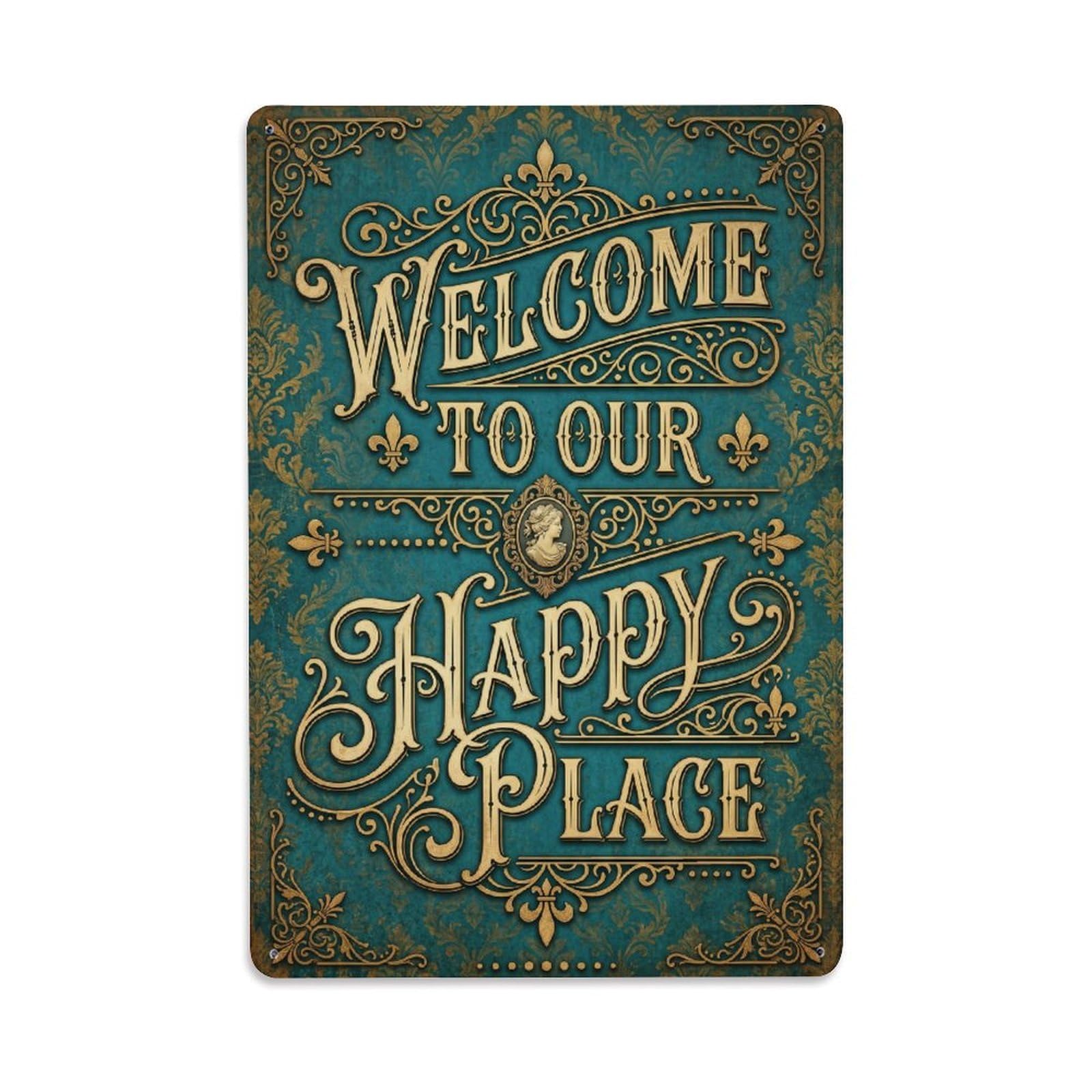 Welcome To Our Happy Place Victorian Parlor Vintage Metal Tin Sign Plaque Wall Decor for Cafe, Club, Garden Metal Poster 8x12Inch