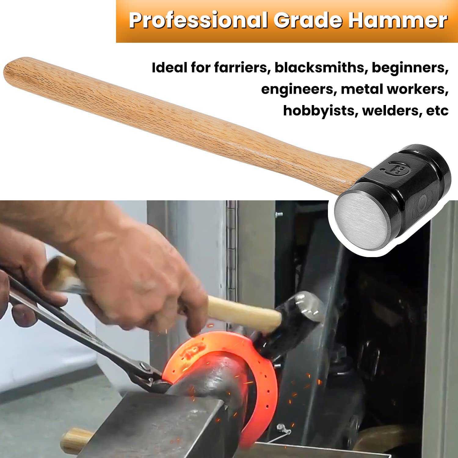Blacksmith Hammer - Round & Flat Face, Handmade Steel -2