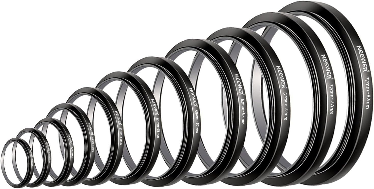 Neewer 11 Pieces Step-up Adapter Ring Set Made of Premium Anodized Aluminum, Includes: 26-30MM 30-37MM 37-43MM 43-52MM 52-55MM 55-58MM 58-62MM 62-67MM 67-72MM 72-77MM 77-82MM (Black)