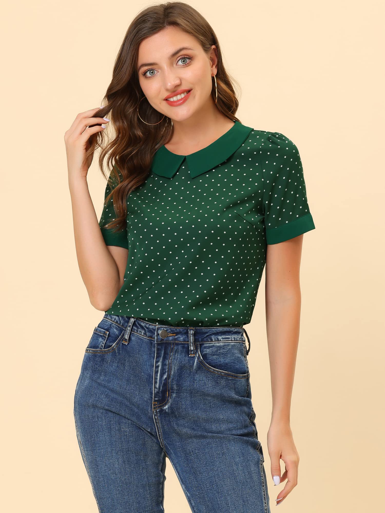 Allegra K Damen Kurzarm Bubikragen Punkte Oberteil Vintage Polka Dots Elegant Top Bluse
