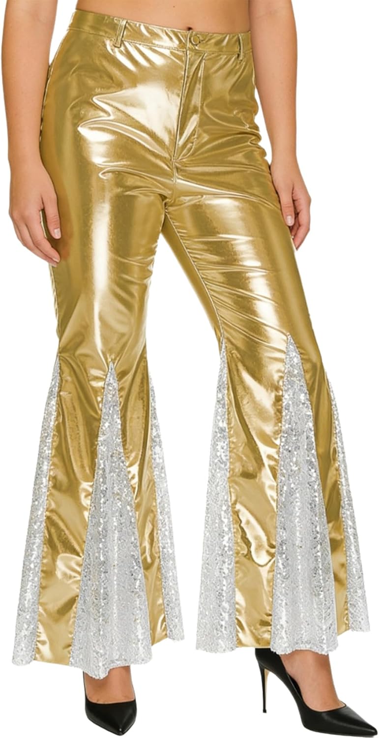 iiniim Womens Sparkly Sequins Bell Bottoms Pants Metallic Shiny Disco Party Dance Trousers Clubwear