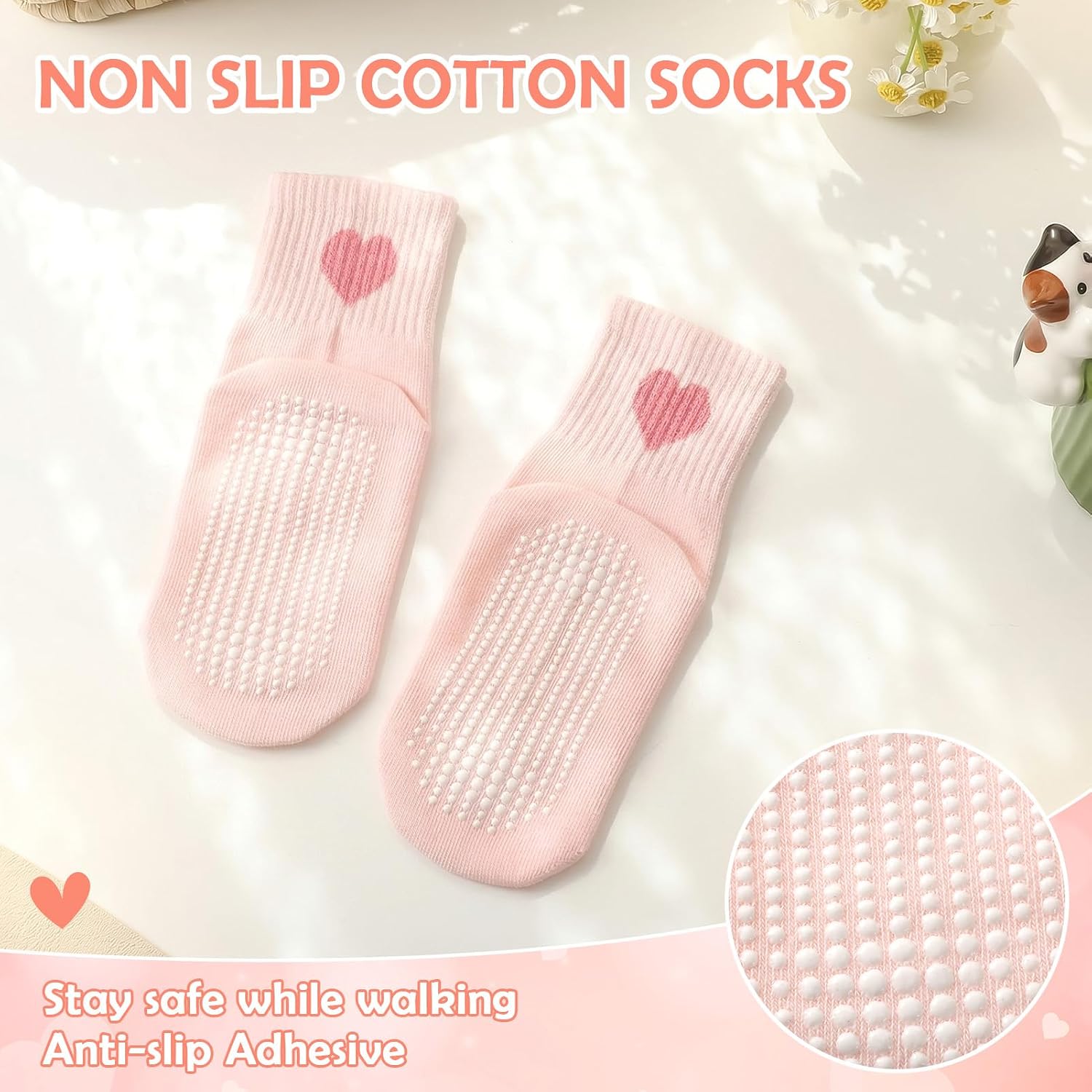 6 Pairs Toddler Grip Socks with Stripe Heart Cotton Crew Socks for 1-5 Years