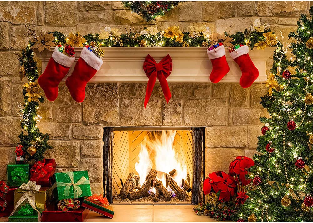 XLL Christmas Photography Backdrops Christmas Fireplace Decoration Background for Photo Happy Holiday Party Decoration Props 10x8ft