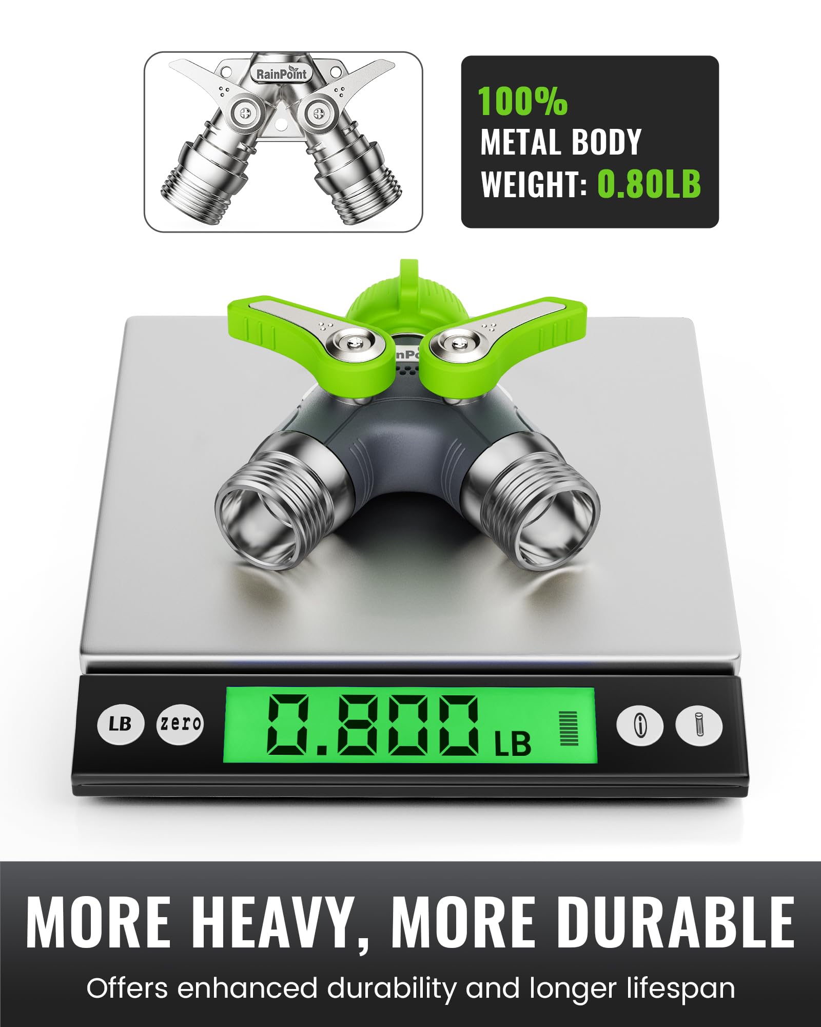 RAINPOINT Sdoppiatore per tubo da giardino, 2 vie, resistente, con valvole di intercettazione, corpo in metallo 100% esterno, manico in metallo extra lungo da 4,8 cm, filettatura GHT da 3/4" (verde, 2