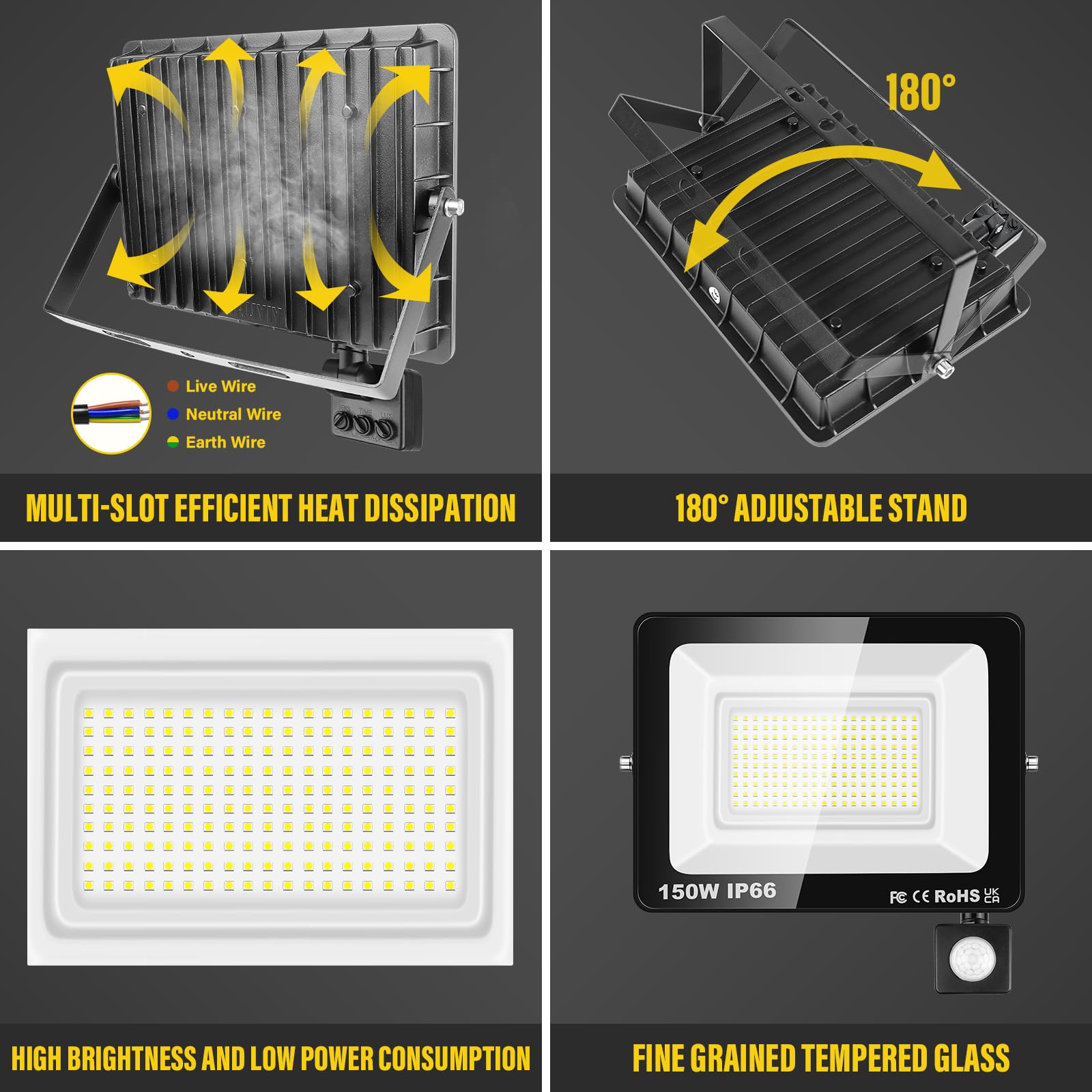 AUXTINGS 150W Faretto Led da Esterno con Sensore di Movimento,Faretti Led Esterno 14000LM,6000K Bianca Fredda Faro Impermeabile IP66 Esterno Interno per Giardino Garage parete Cortile Tetto,4 pezzi