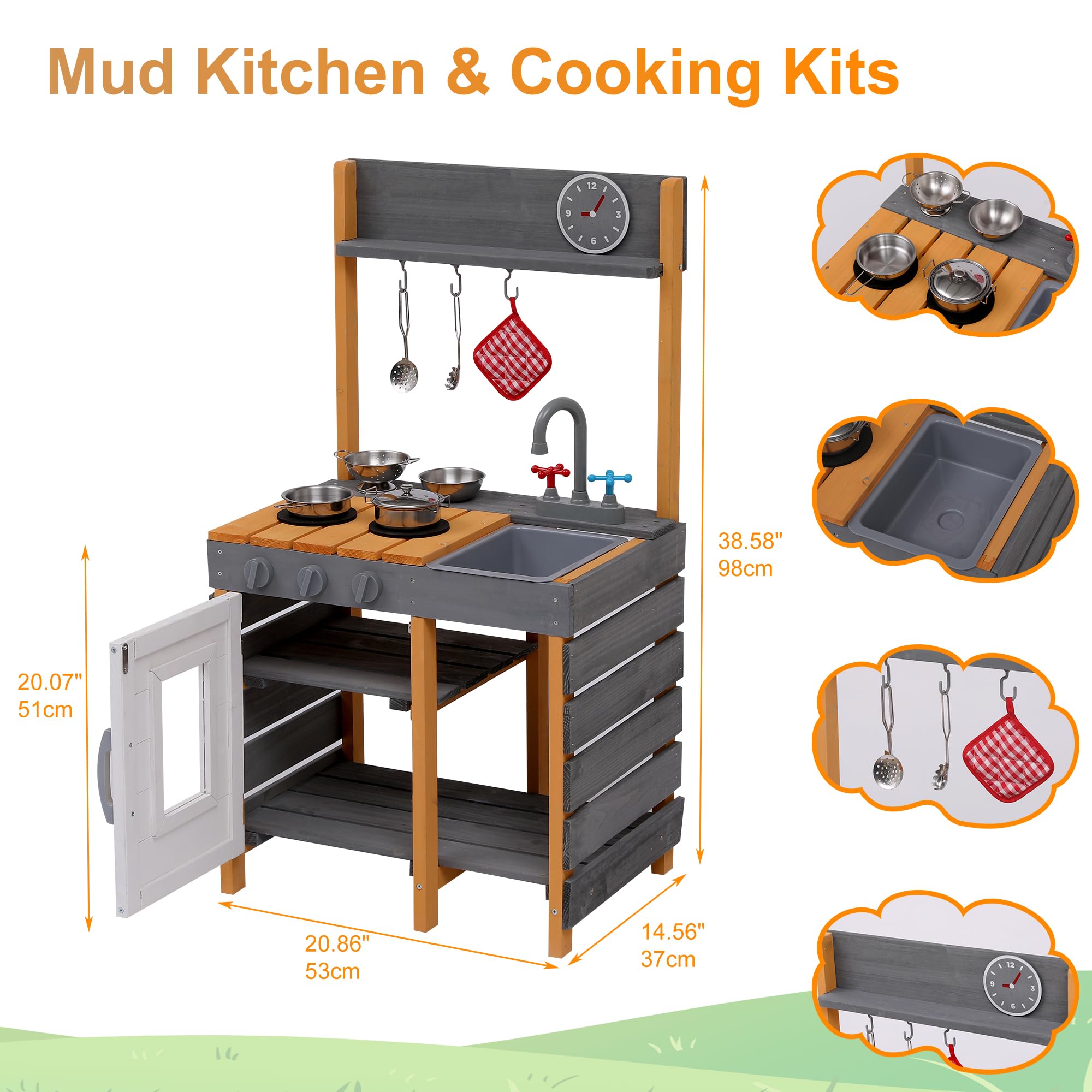 Wooden Kids Play Kitchen, Outdoor Mud Kitchen with Removable Sink and Faucet, Stove Top, Storage Shelves, Fun Backyard Pretend Kitchen Playset for Boys Girls 3+