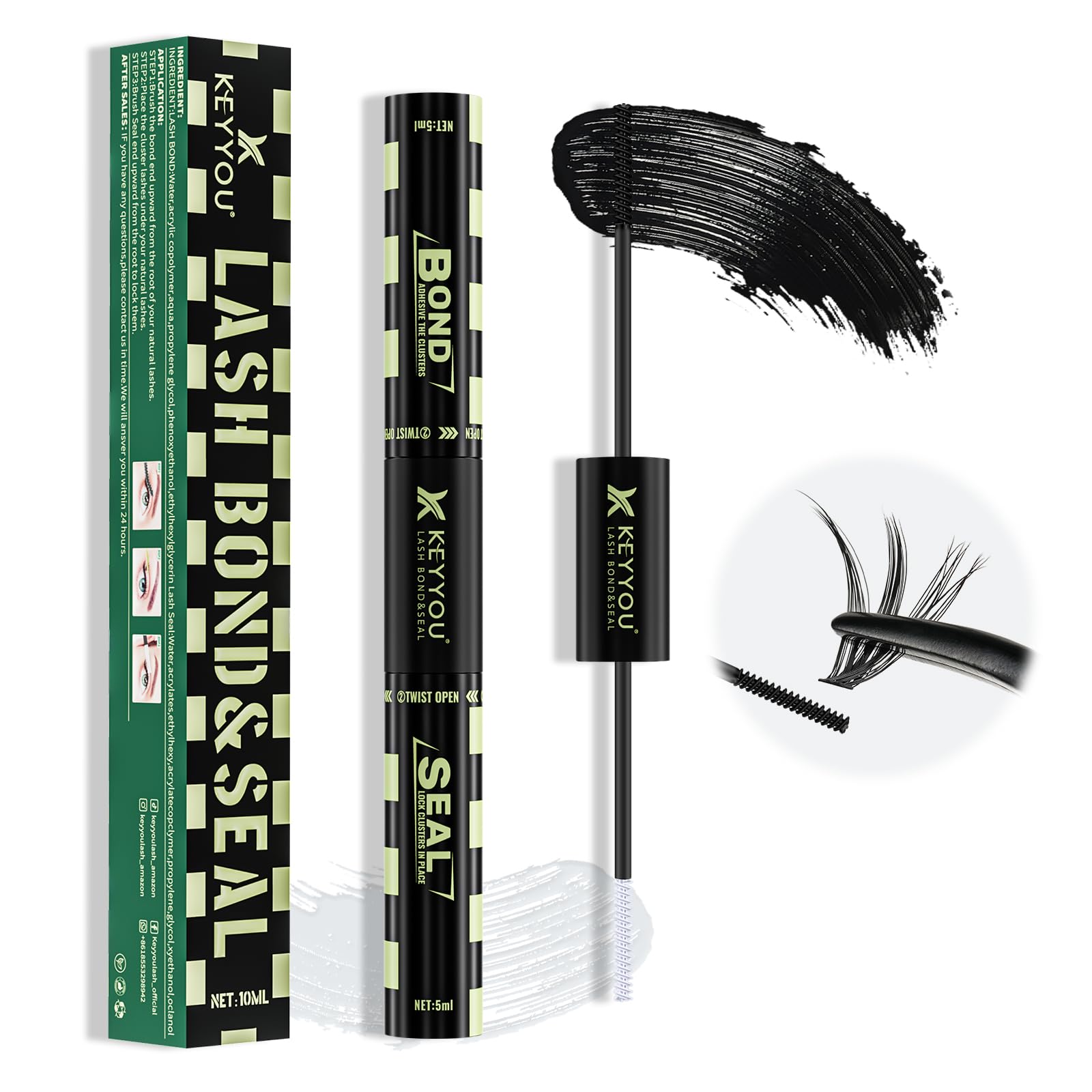 Lash Bond and Seal 10ML Bond and Seal Lash Glue KEYYOU Lash Cluster Glue Mascara for Long Lasting WaterProof Lash Extension Black-5ml+5ml