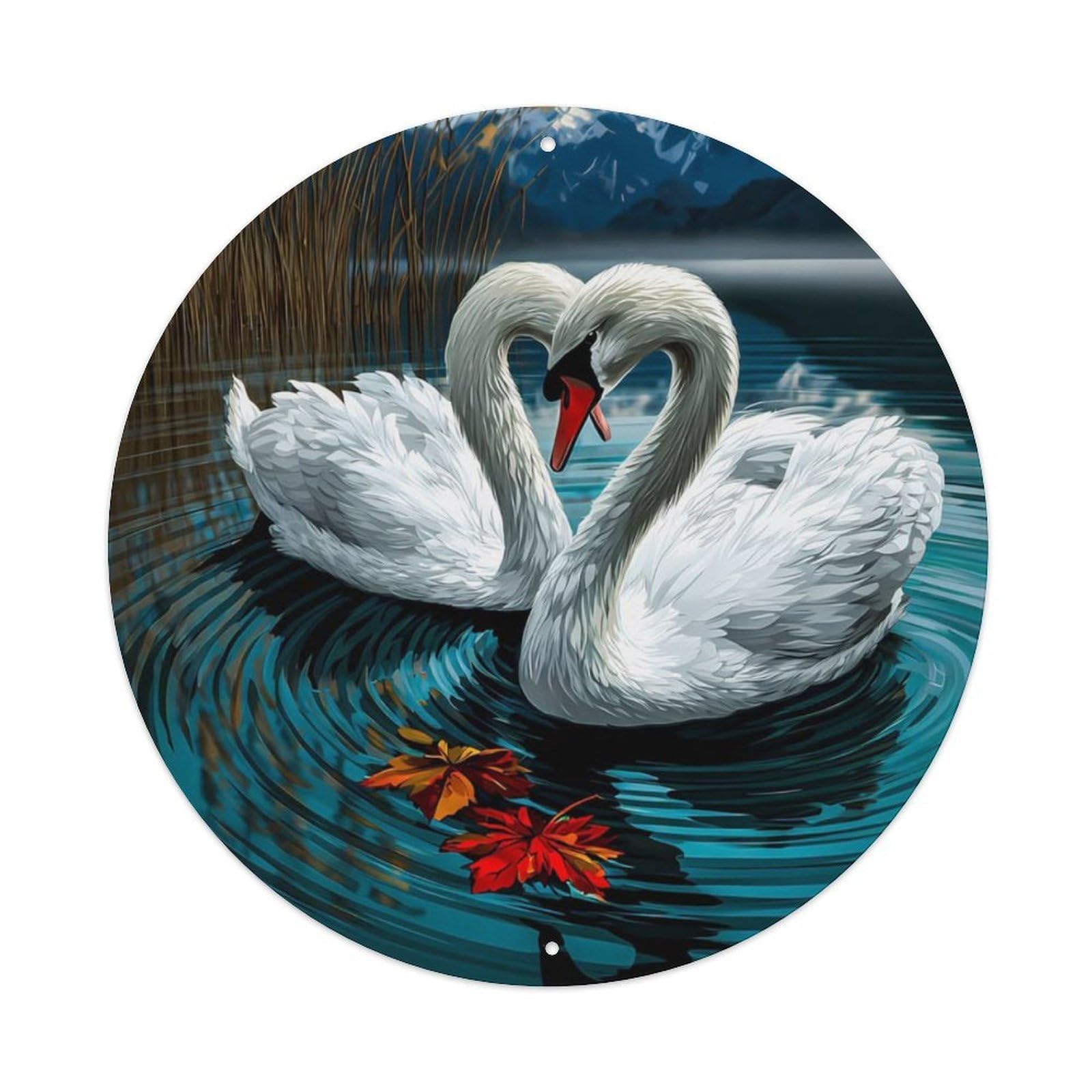 Animal White Swans Snuggling Autumn Reed Scenic Landscape Romantic Love Vintage Metal Tin Sign Plaque Wall Decor for Cafe, Club Bar, Office, Garden Metal Poster 8x8Inch