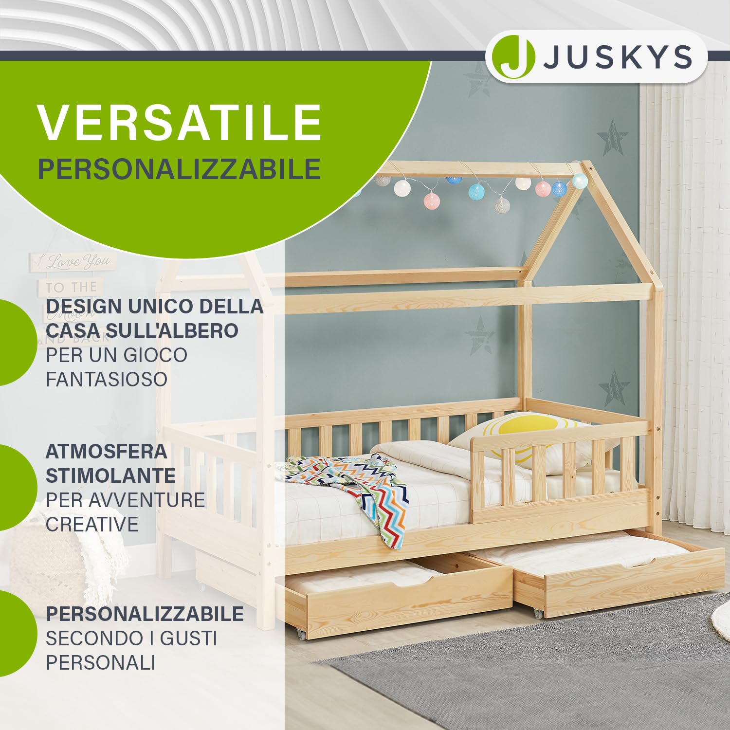 Letto A Casetta Bambini In Legno Massello 80x160 Cm - Con Cassetti E Protezione Anticaduta - Foto 9