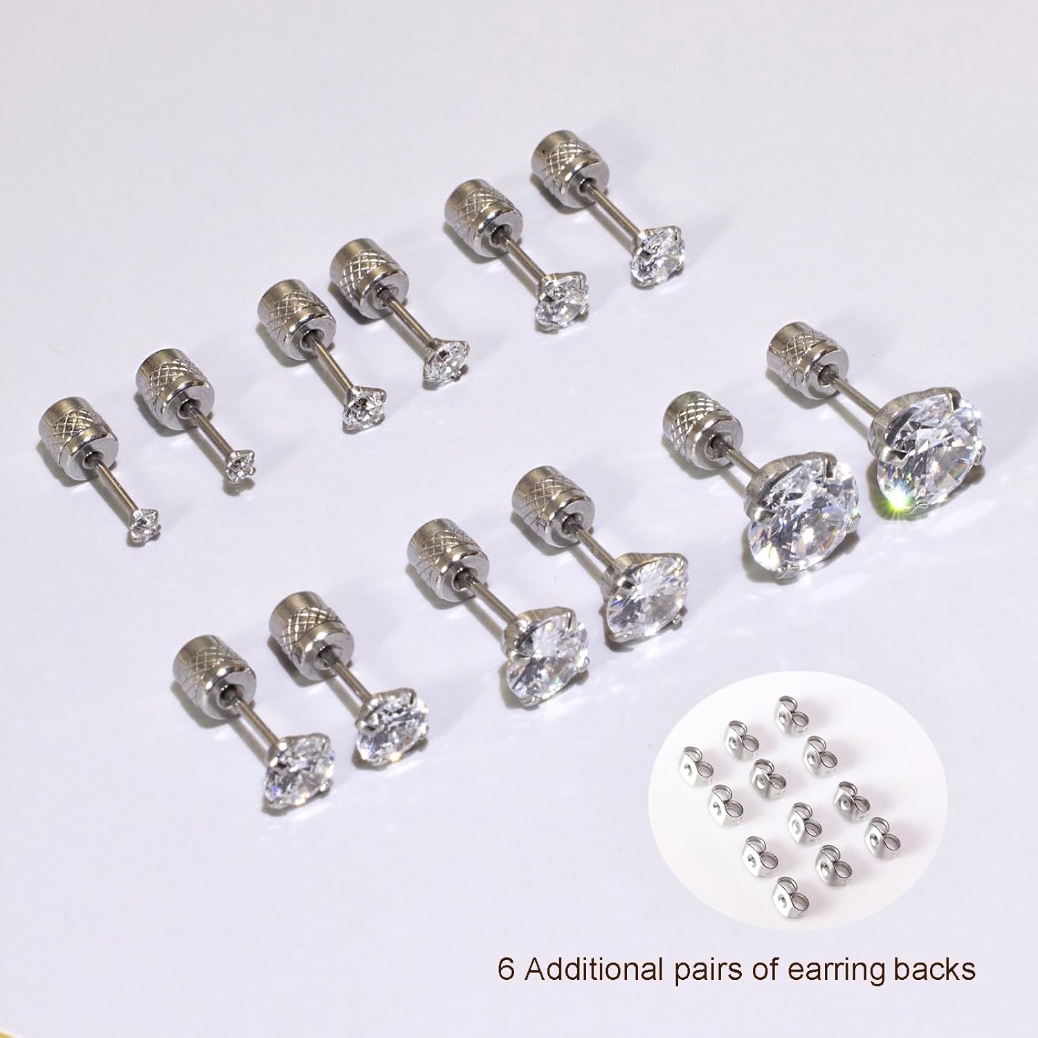 Threadless Flat Back Stud Earrings, 6 Pairs Titanium Hypoallergenic Earrings for Women Men, Cubic Zirconia Silver Gold Stud Earrings Surgical Stainless Steel Stud Earring Set for Cartilage 2-8mm - Image 5