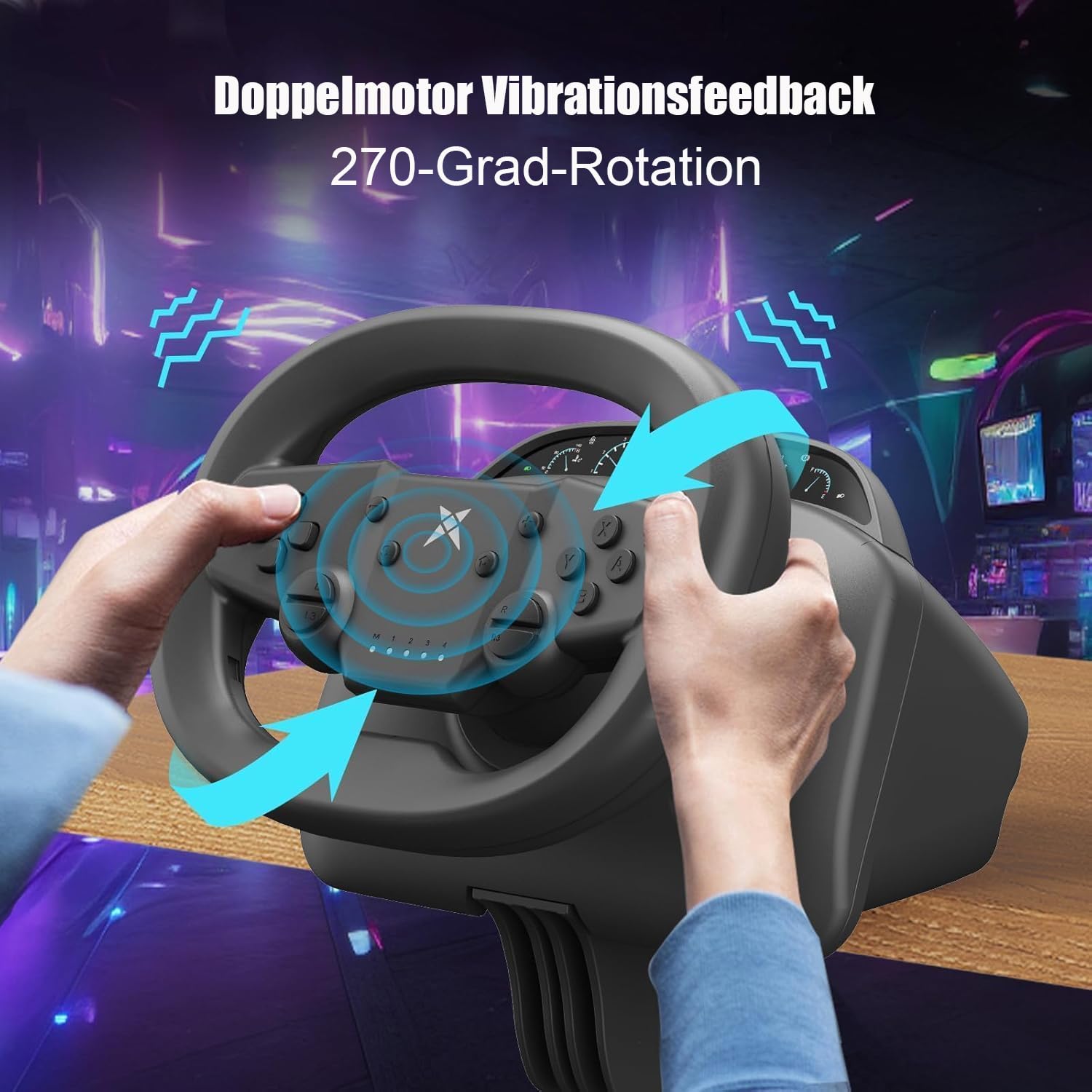 NBCP Gaming Lenkrad mit Pedalen,270 Grad PC Rennrad mit Dual-Vibration-Motoren,Drahtlose Bluetooth-Verbindung Lenkrad für P-4, PC, Switch, P-3, IOS, Android Rennspiele